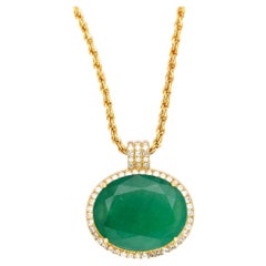 28.56 Carat Oval Cut Emerald & Diamond Halo 18K Gold Pendant Necklace