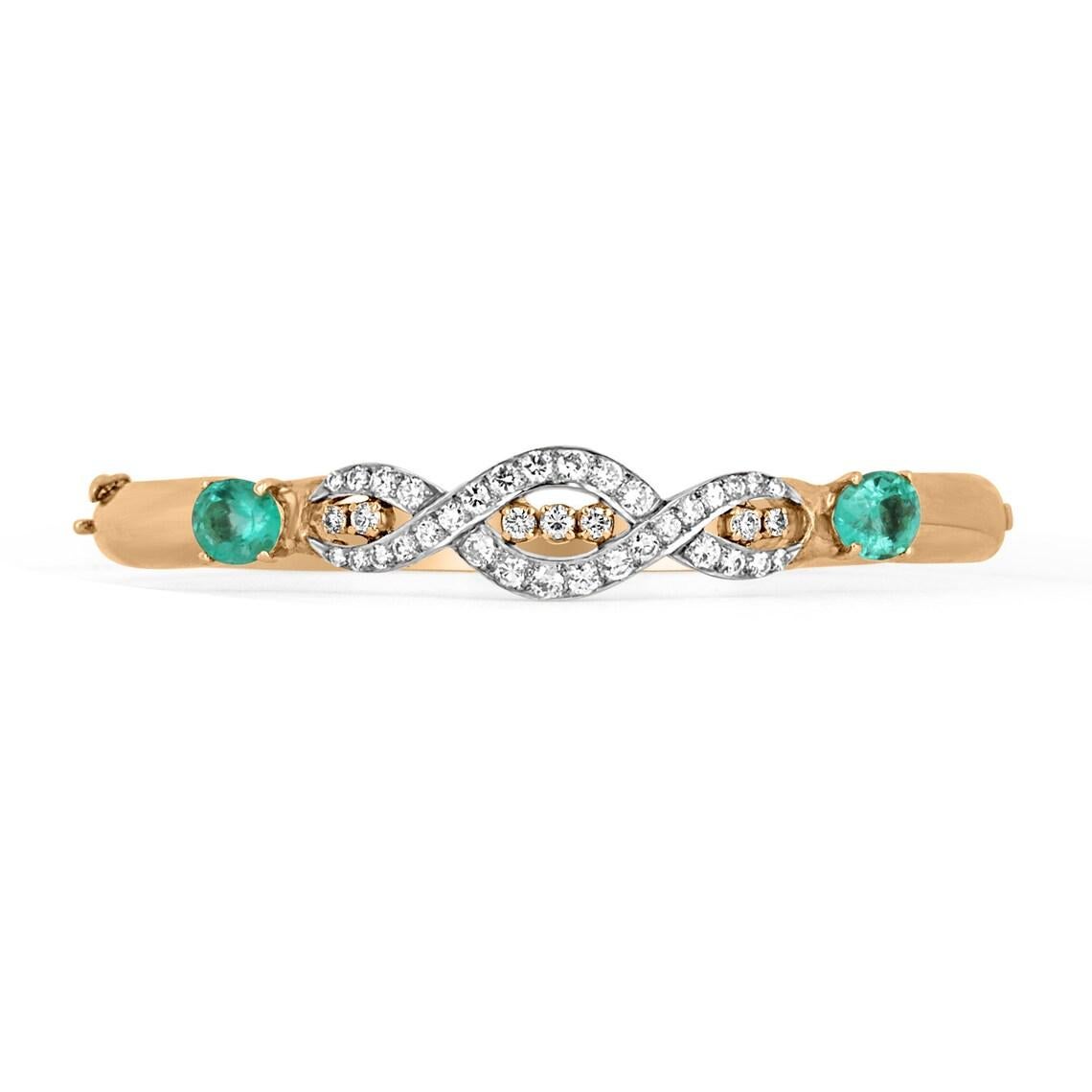 Displayed is a 2.85 CARAT petite diamond and OVAL cut emerald rose gold bangle bracelet. Set in 14K strawberries rose gold, a unique figure 8 design is embellished with pave set diamonds. The diamonds are fully faceted and near colorless to ensure