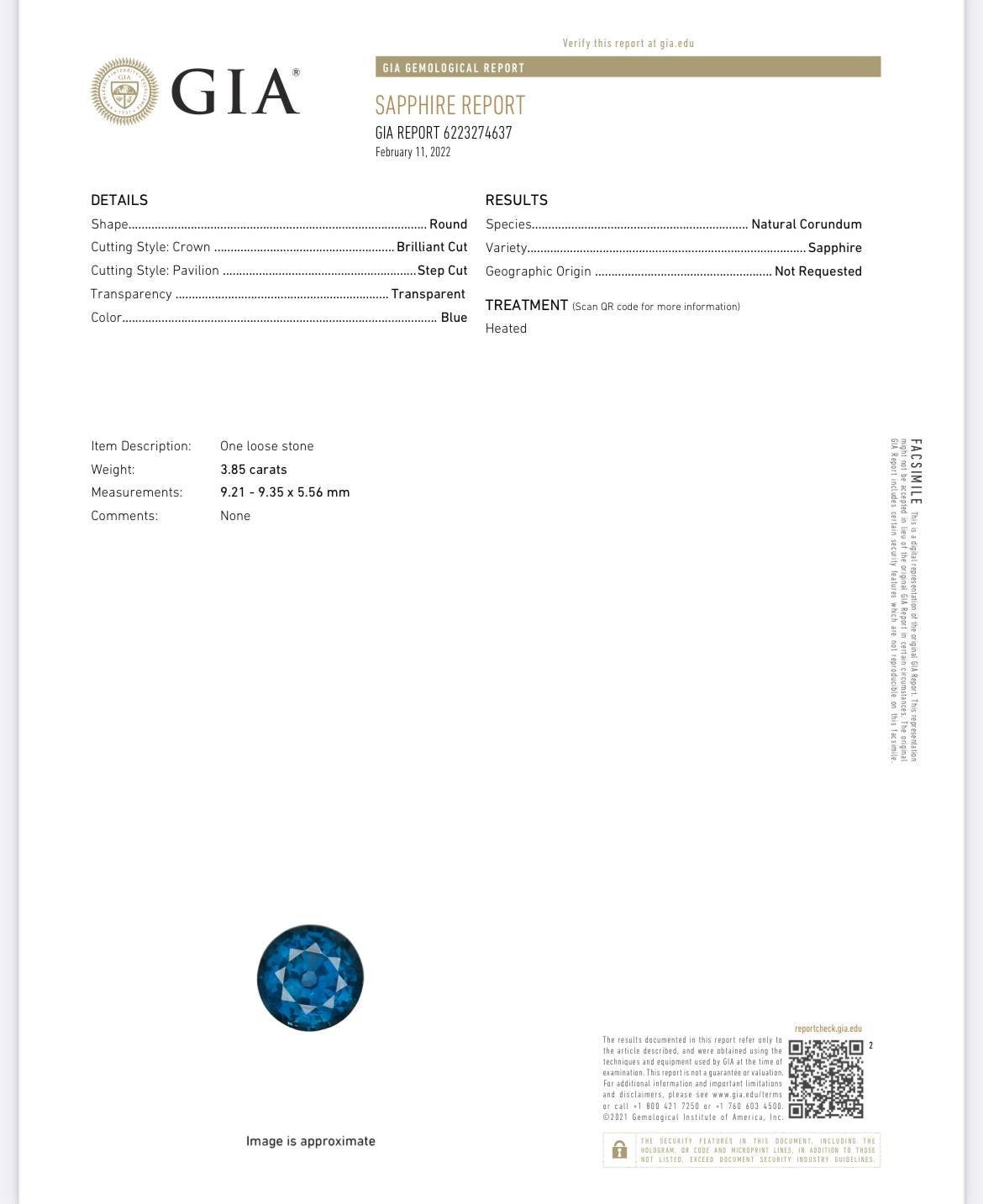 Platinring mit 3.85 Karat GIA-zertifiziertem, rundem blauem Saphir.  (Rundschliff) im Angebot