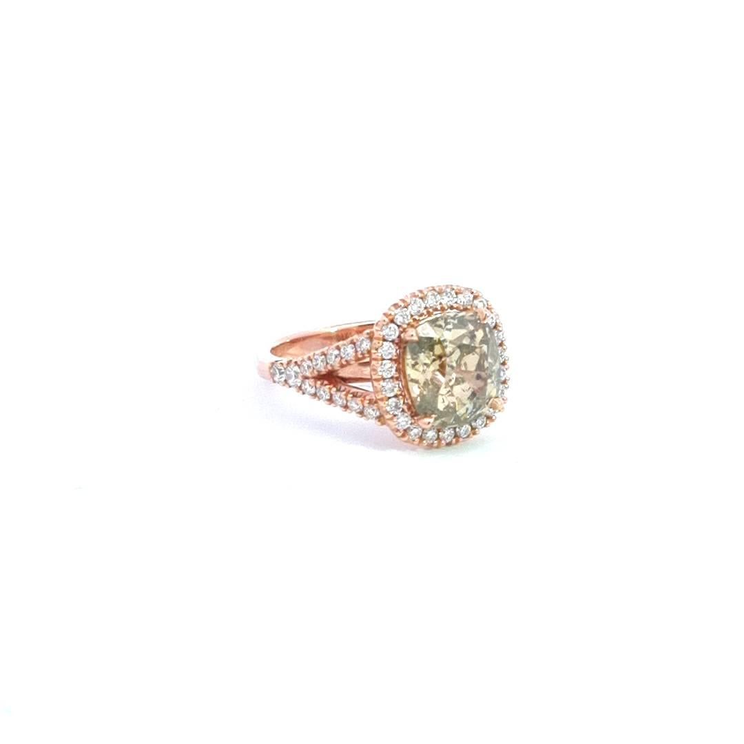 Antique Cushion Cut 2.85ct Green Diamond 18k Rose Gold Ring For Sale