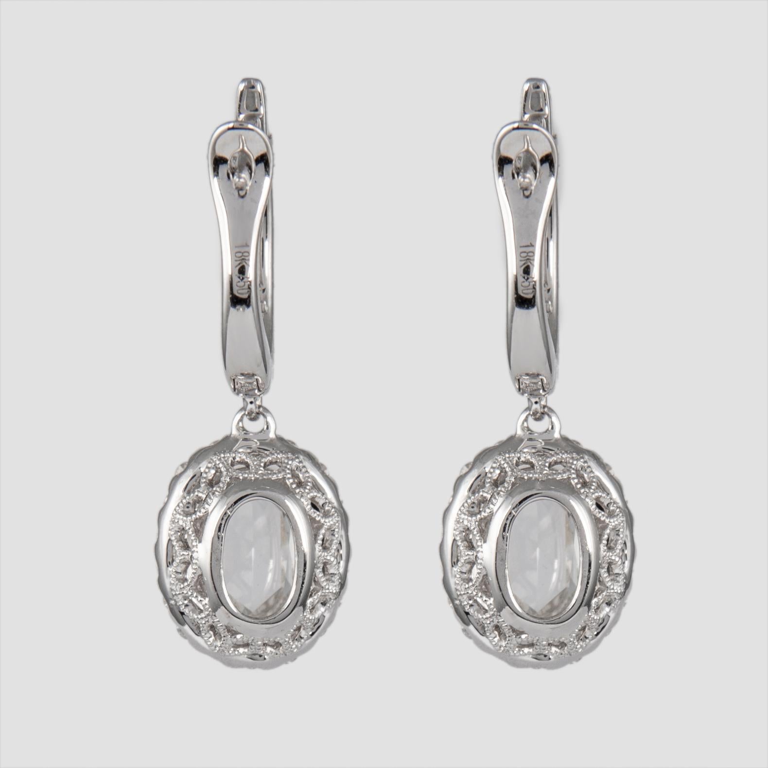 Contemporary 2.85ct Oval Rose Cut Diamond Drop Earrings with Halo 18k White Gold