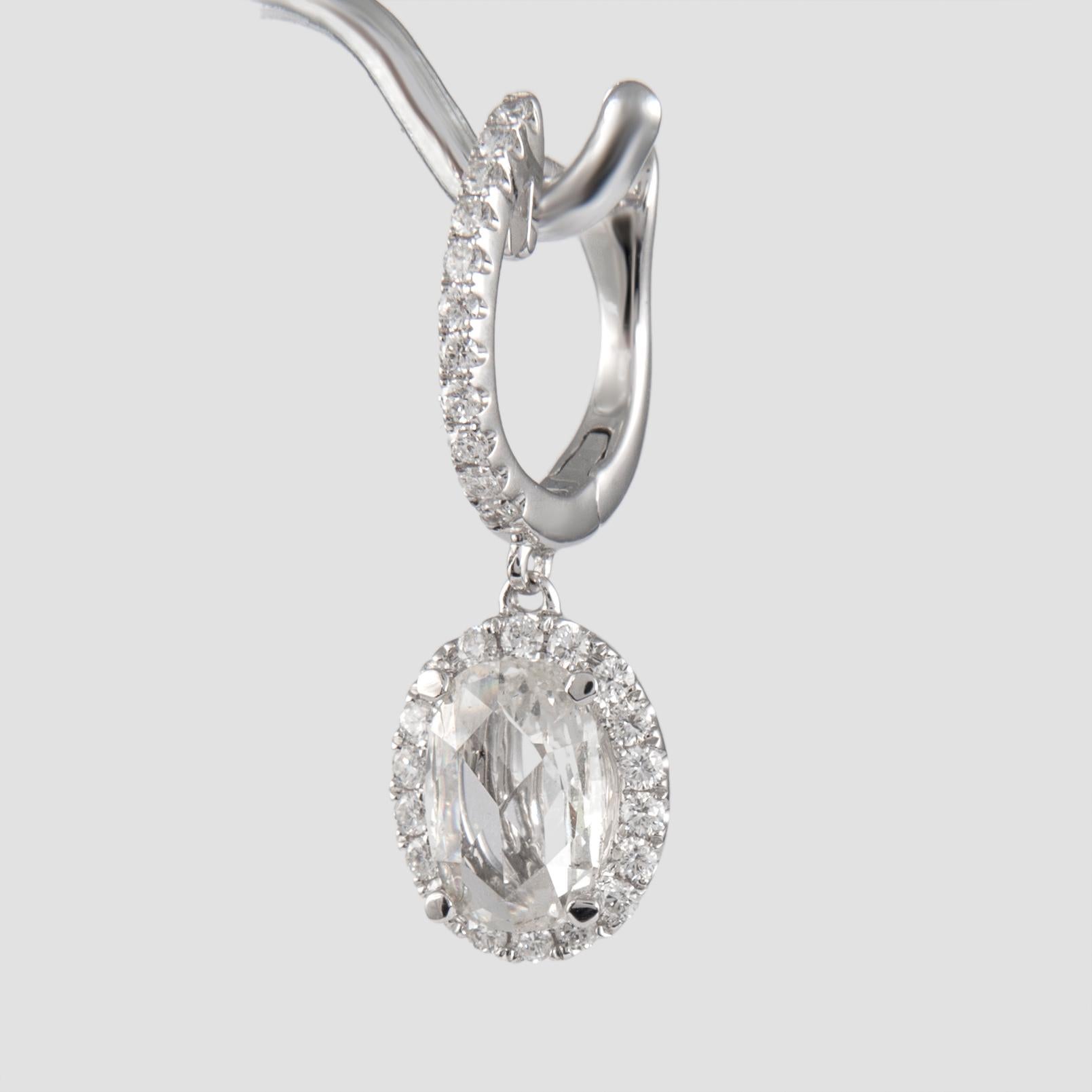 2.85ct Oval Rose Cut Diamond Drop Earrings with Halo 18k White Gold In New Condition In BEVERLY HILLS, CA
