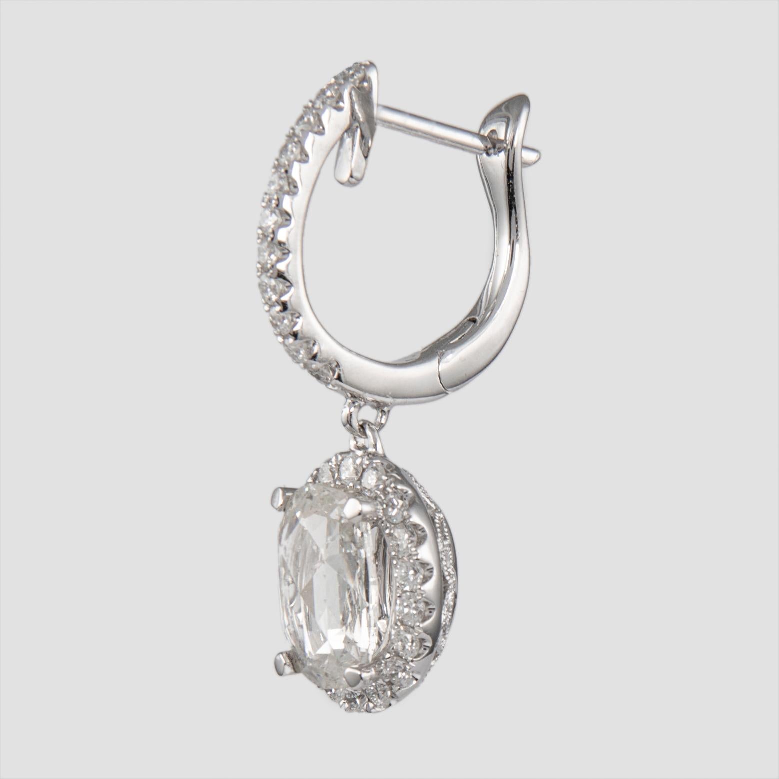 Women's 2.85ct Oval Rose Cut Diamond Drop Earrings with Halo 18k White Gold