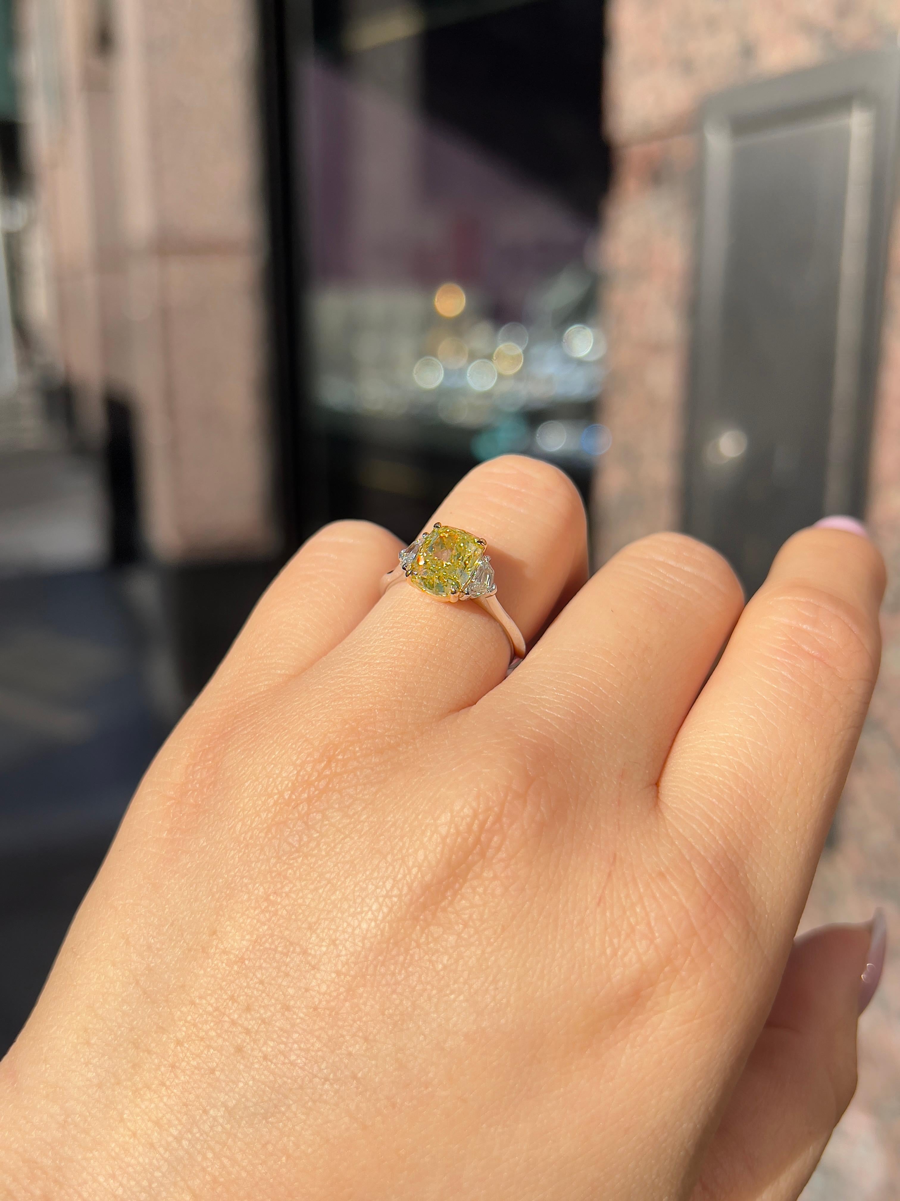 2.85CT Total Weight Fancy Intense Yellow Diamond Ring, GIA Cert For Sale 1