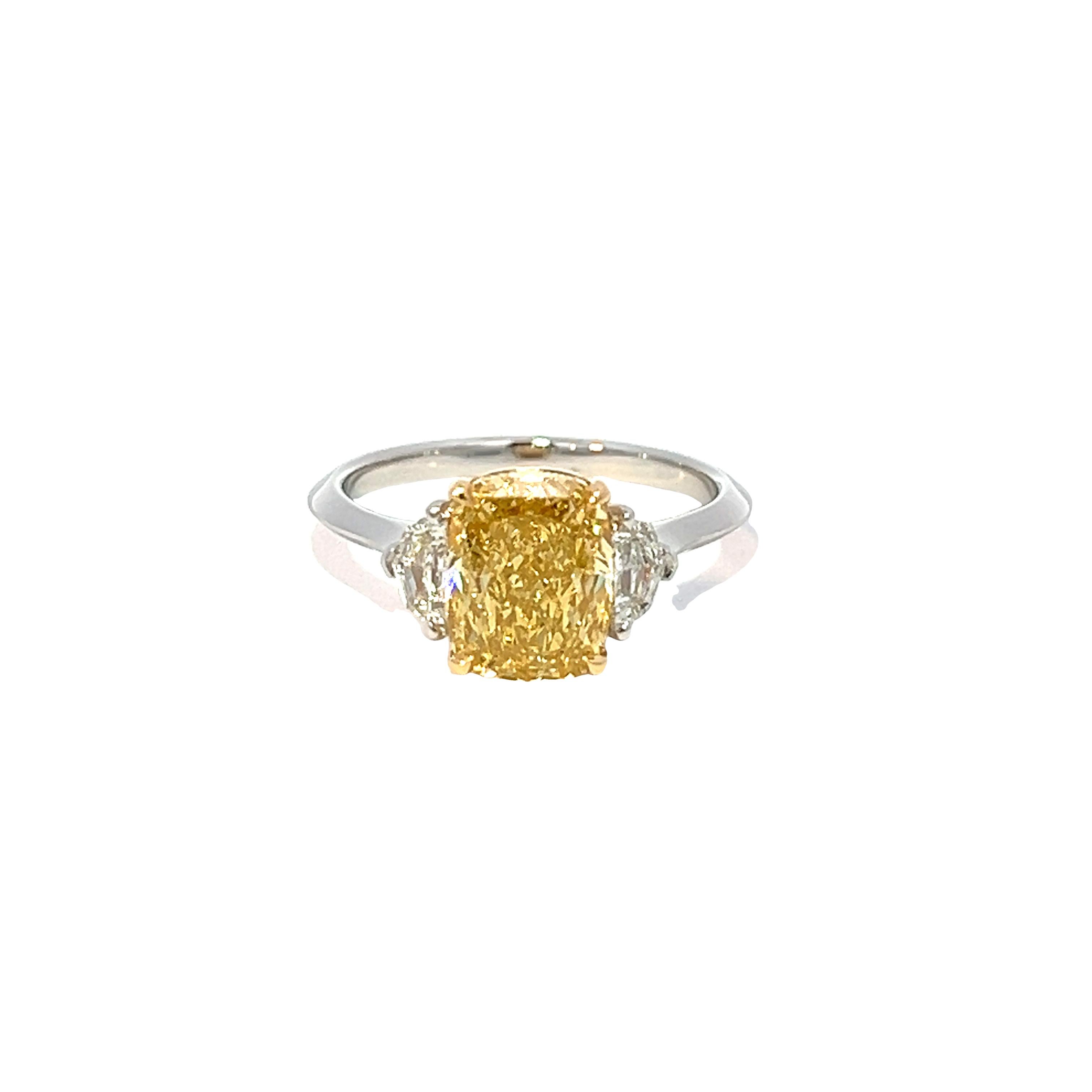 Aesthetic Movement 2.85CT Total Weight Fancy Intense Yellow Diamond Ring, GIA Cert For Sale
