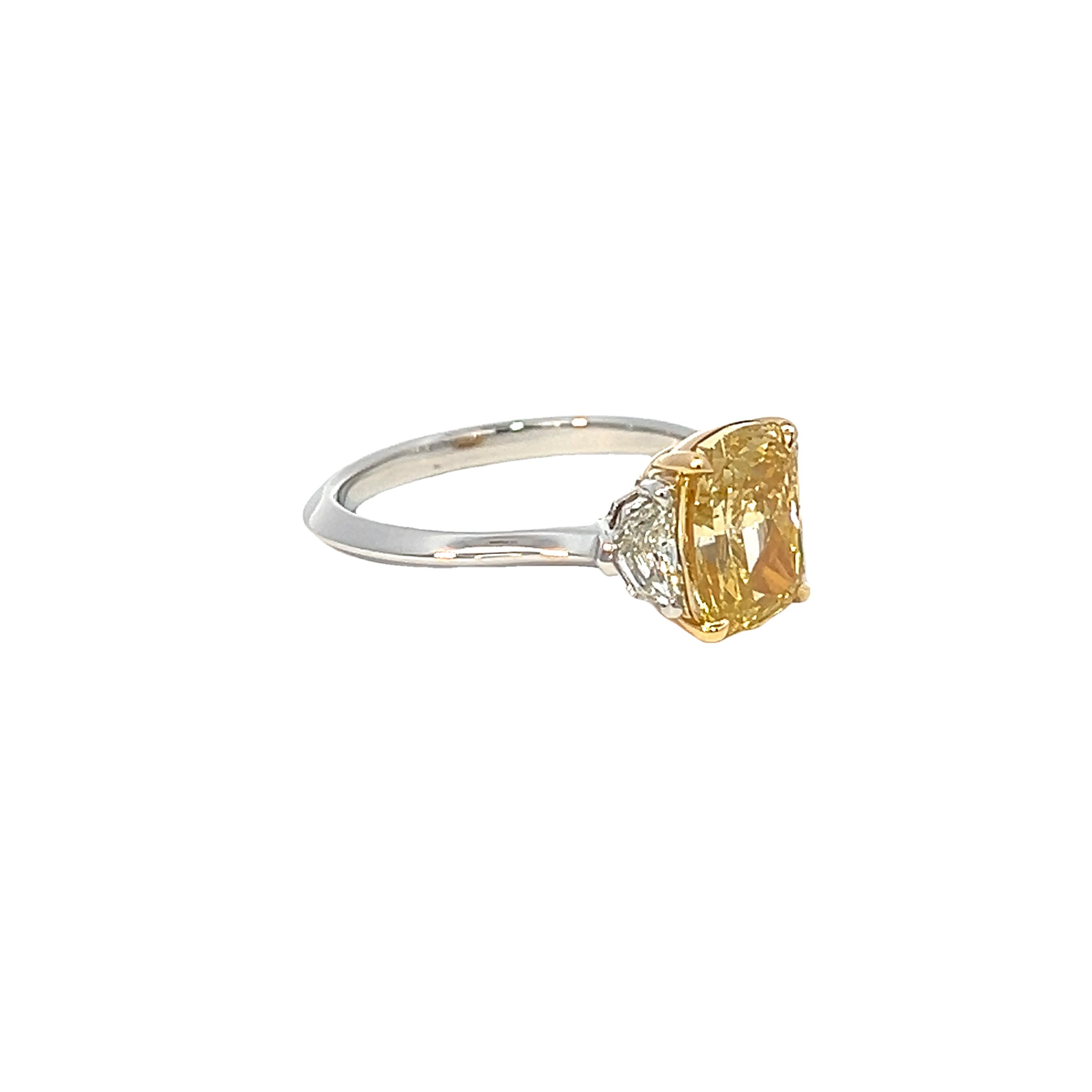 Cushion Cut 2.85CT Total Weight Fancy Intense Yellow Diamond Ring, GIA Cert For Sale