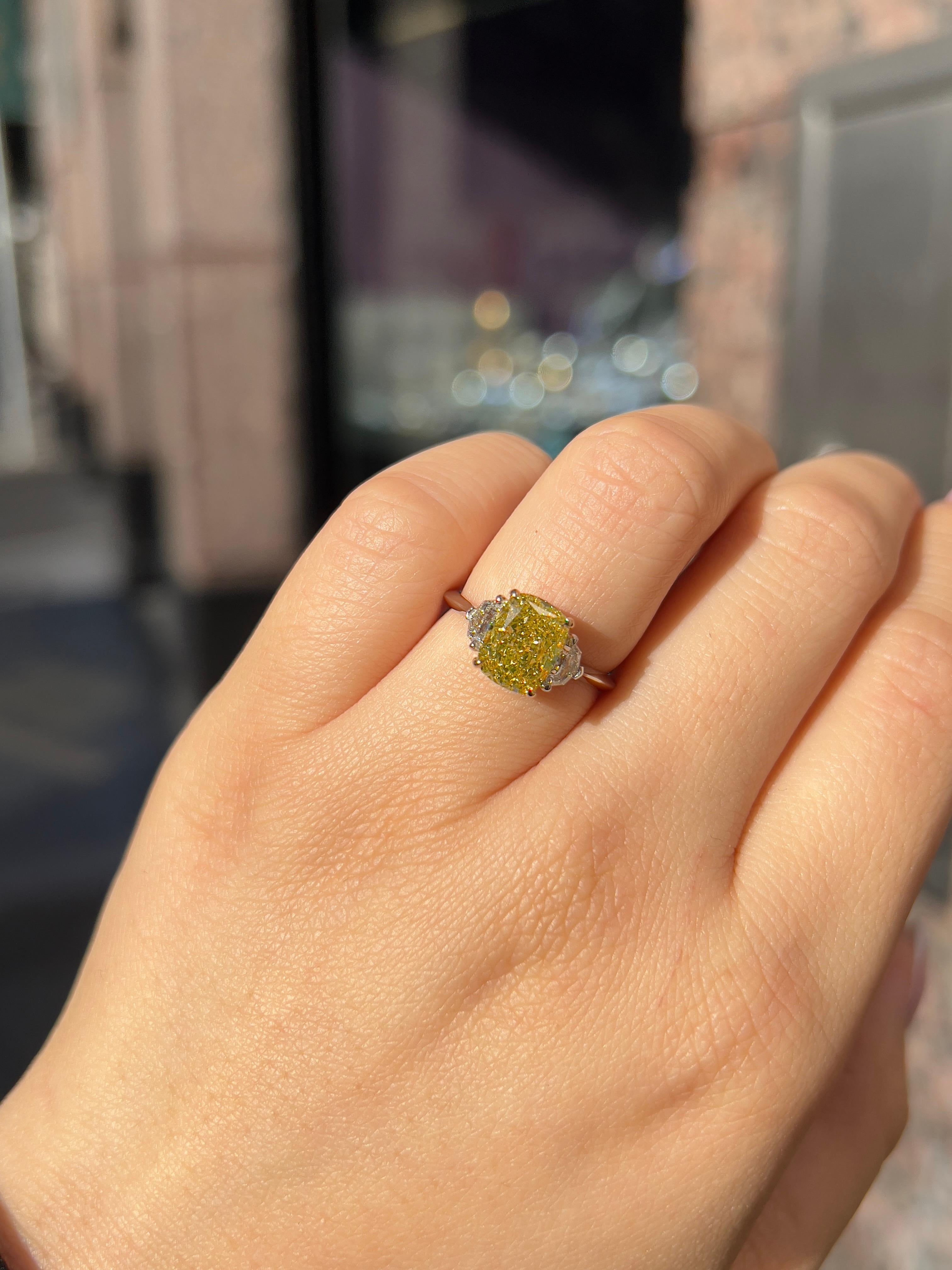 2.85CT Total Weight Fancy Intense Yellow Diamond Ring, GIA Cert For Sale 3
