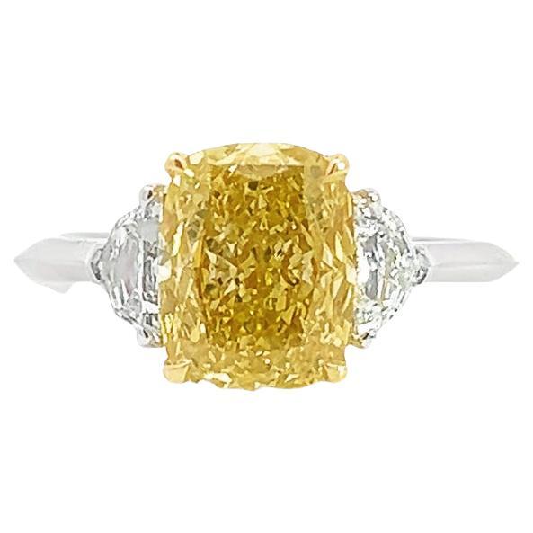 2.85CT Total Weight Fancy Intense Yellow Diamond Ring, GIA Cert For Sale