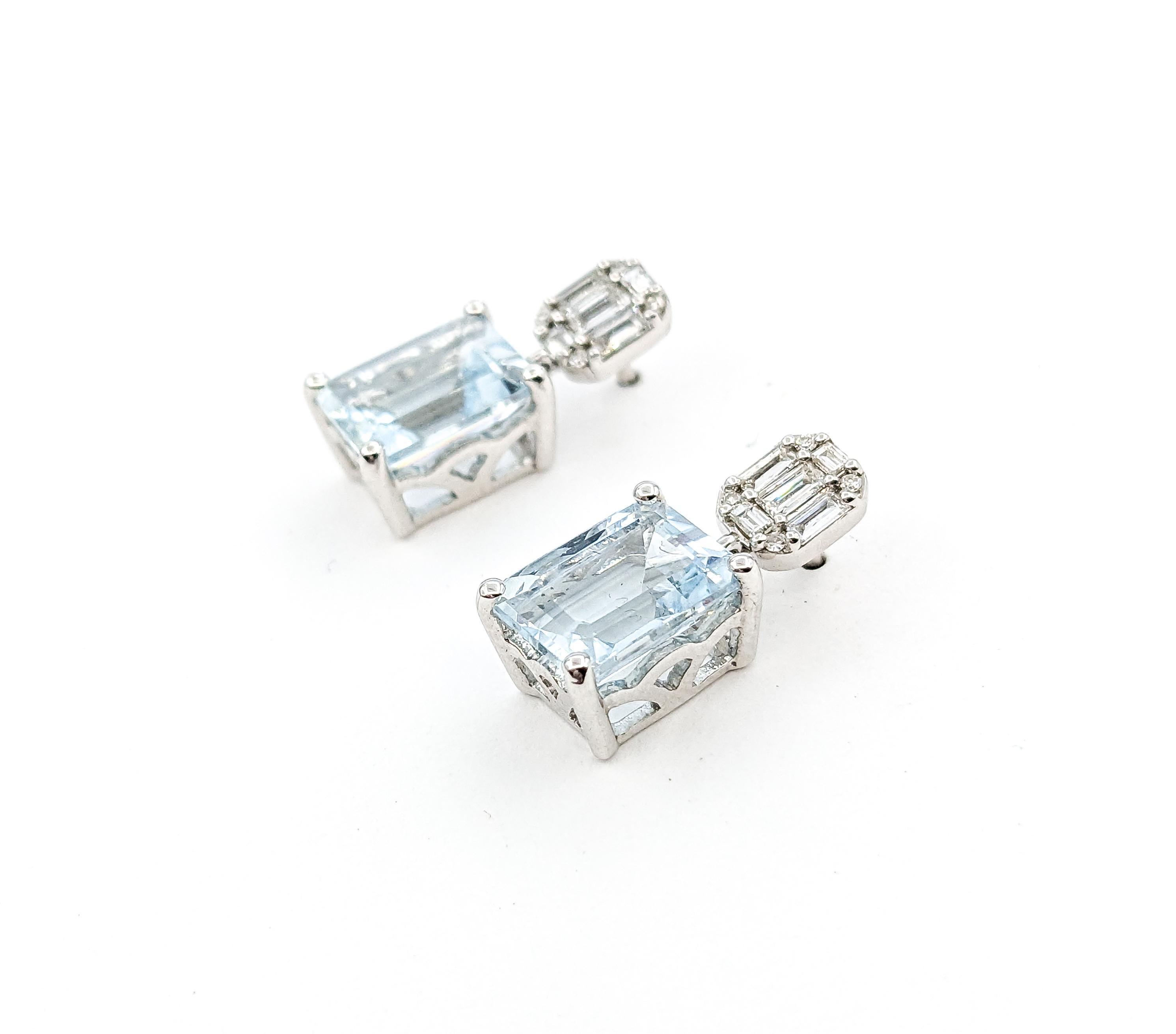 Princess Cut 2.85ctw Aquamarine & Diamond Drop Earrings In White Gold
