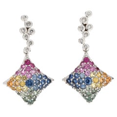 2.85ctw Diamond and Rainbow Sapphire Dangle Earrings, 14k White Gold
