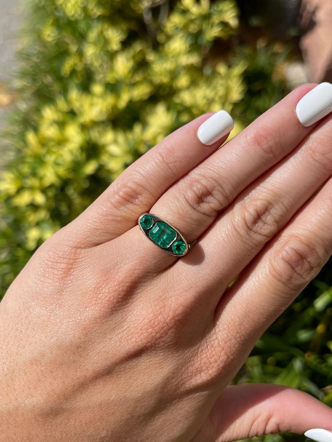 Modern 2.85tcw 14K AAA+ Colombian Emerald-Emerald Cut & Diamond Accent Three Stone Ring For Sale