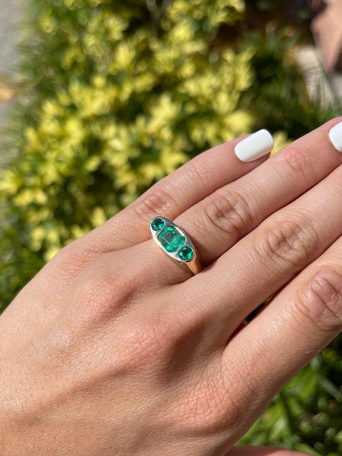 2.85tcw 14K AAA+ Colombian Emerald-Emerald Cut & Diamond Accent Three Stone Ring In New Condition For Sale In Jupiter, FL