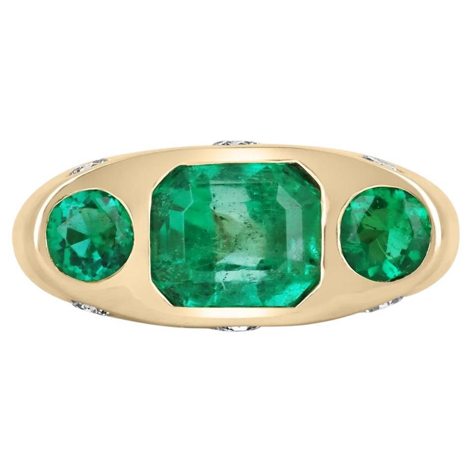 2.85tcw 14K AAA+ Colombian Emerald-Emerald Cut & Diamond Accent Three Stone Ring For Sale