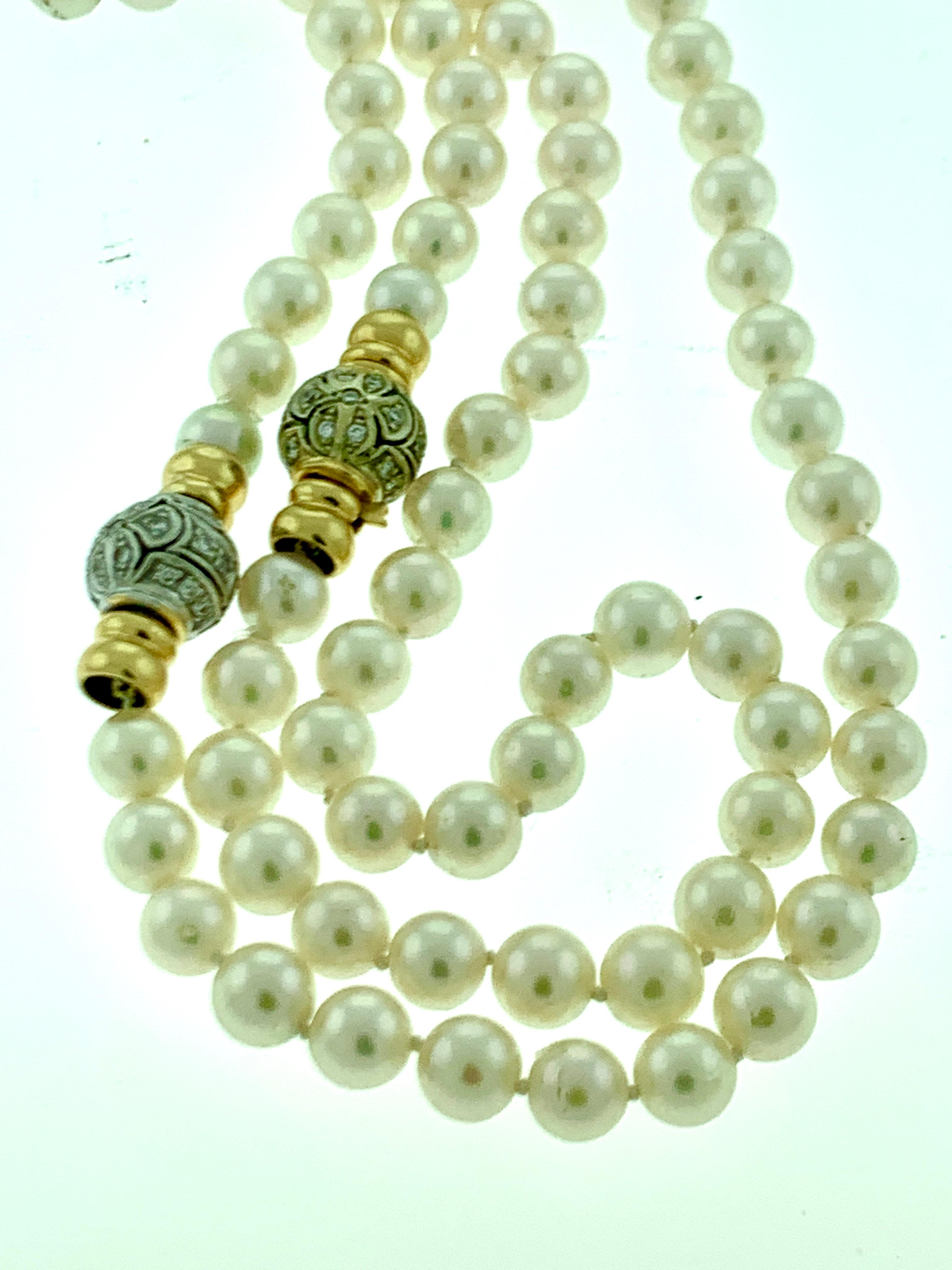 286 Akoya Pearls Strand Necklace and Bracelet Set 18 Karat Gold/ Diamond Clasp For Sale 6