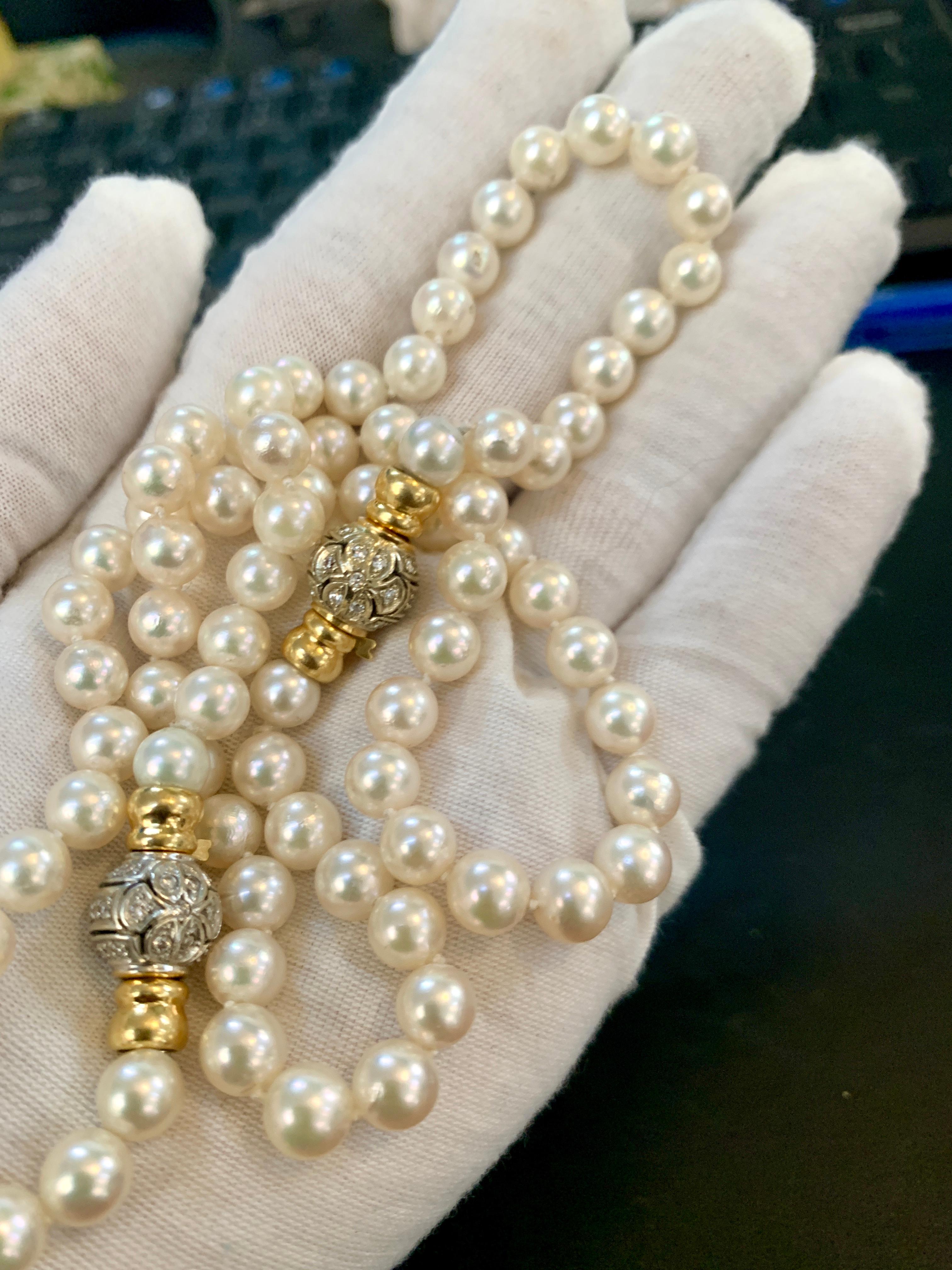 286 Akoya Pearls Strand Necklace and Bracelet Set 18 Karat Gold/ Diamond Clasp For Sale 8