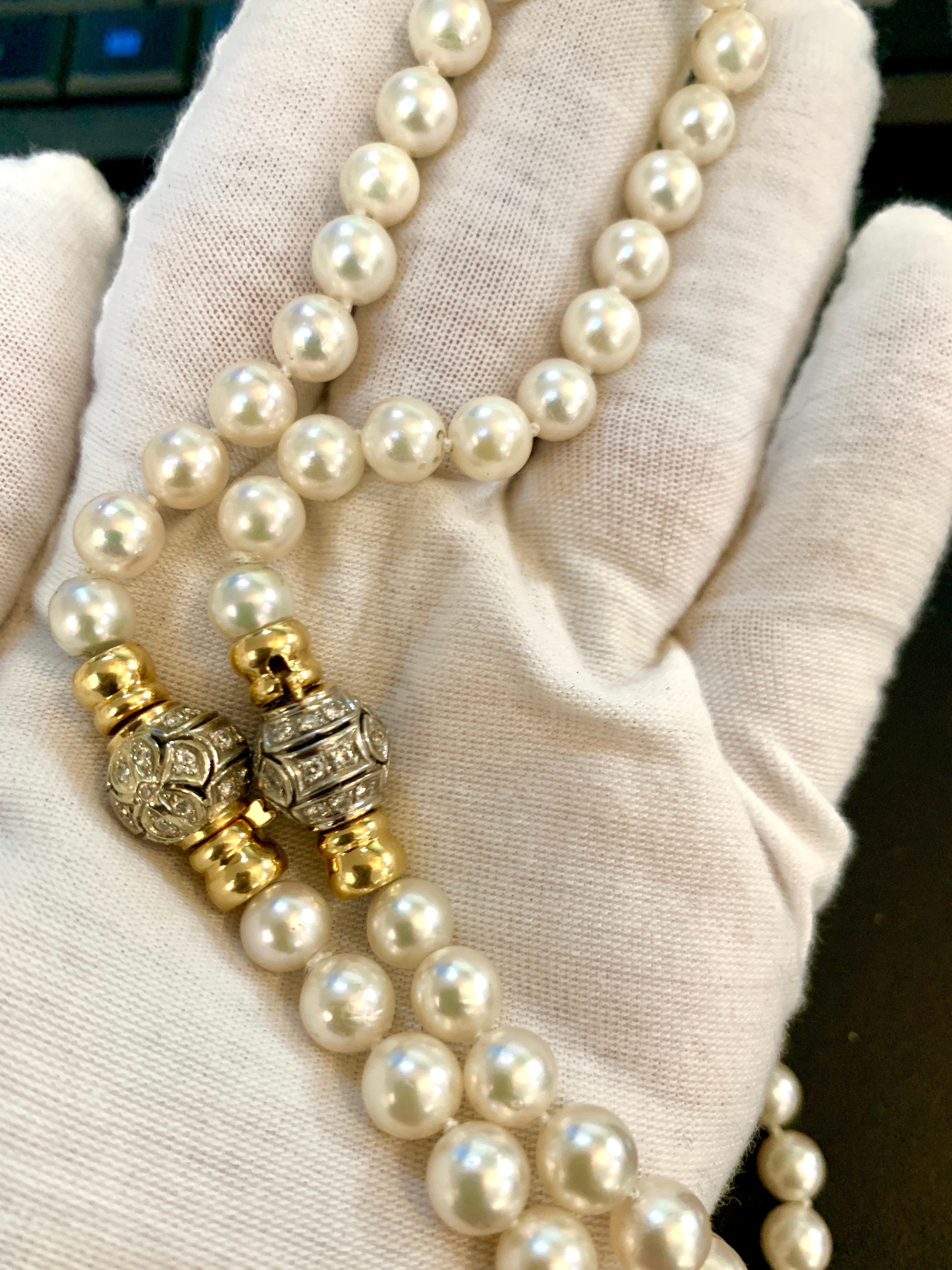 286 Akoya Pearls Strand Necklace and Bracelet Set 18 Karat Gold/ Diamond Clasp For Sale 10