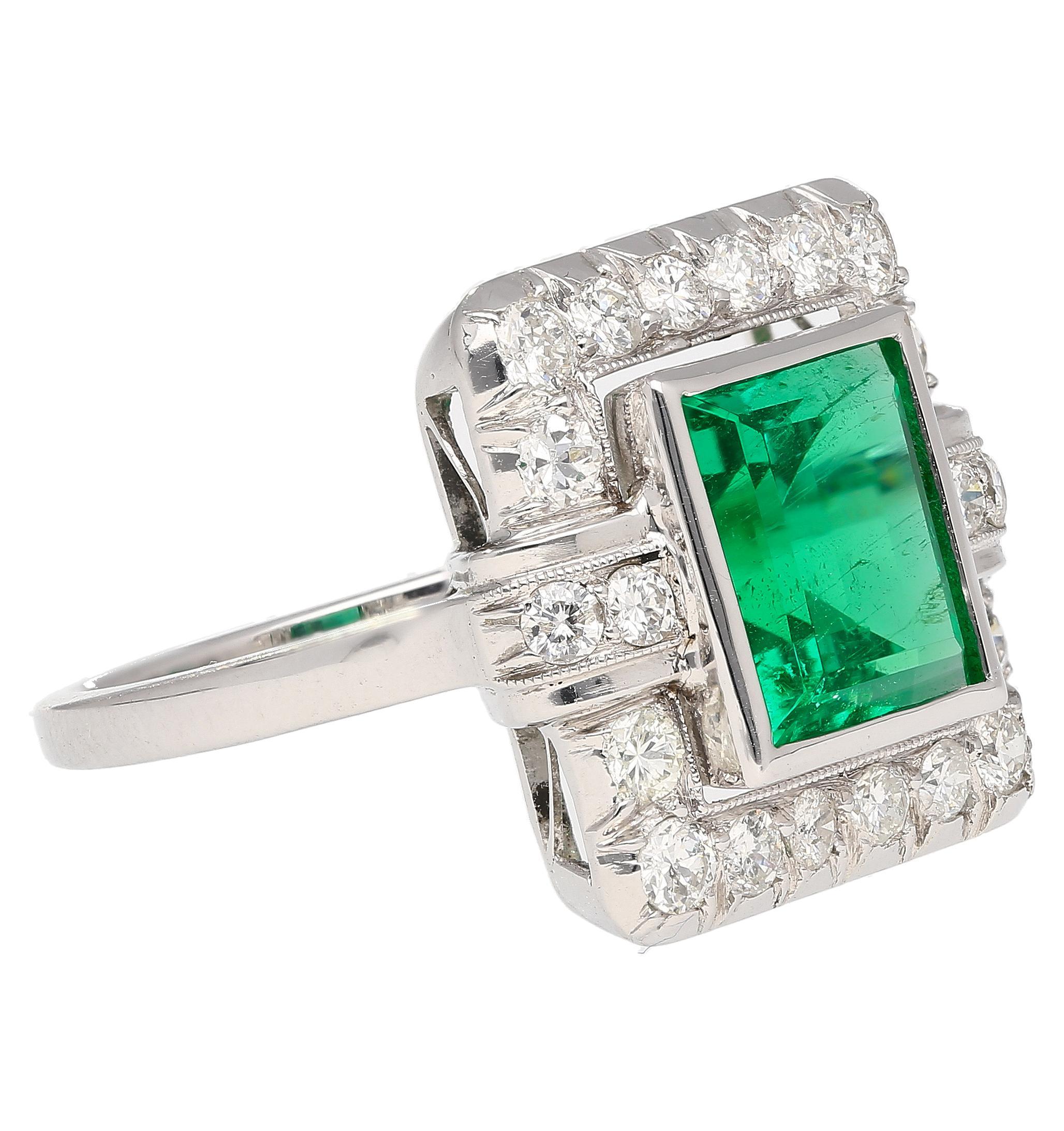Square Cut 2.86 Carat Afghan-Chinese Minor Oil Emerald & Diamond Halo Ring in 18K Gold For Sale