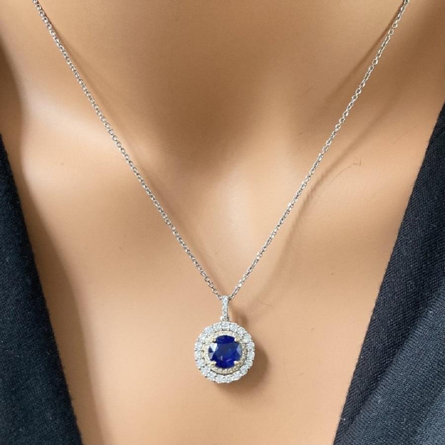 Round Cut 2.86 Carat Blue Round Sapphire & Diamond Pendant In 14k White Gold For Sale