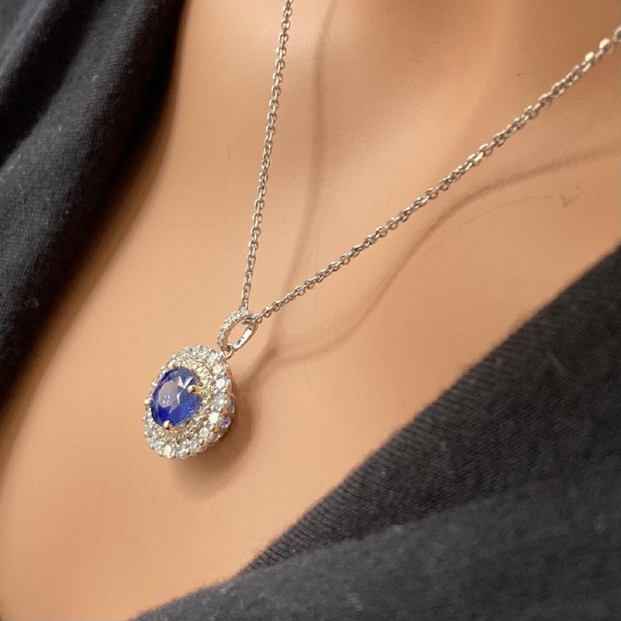 2.86 Carat Blue Round Sapphire & Diamond Pendant In 14k White Gold In New Condition For Sale In Chicago, IL