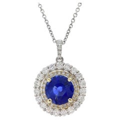 2.86 Carat Blue Round Sapphire & Diamond Pendant In 14k White Gold