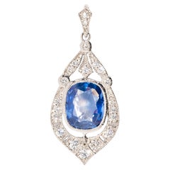 Vintage 2.86 Carat Cushion Cut Ceylon Sapphire & Diamond Platinum Enhancer Pendant