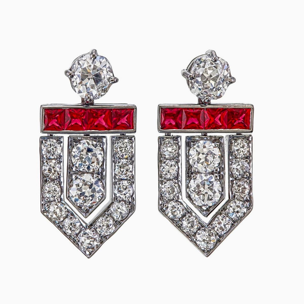 Art Deco 2.86 Carat Diamond and Burma Ruby No Heat Earrings in 18 Karat White Gold For Sale