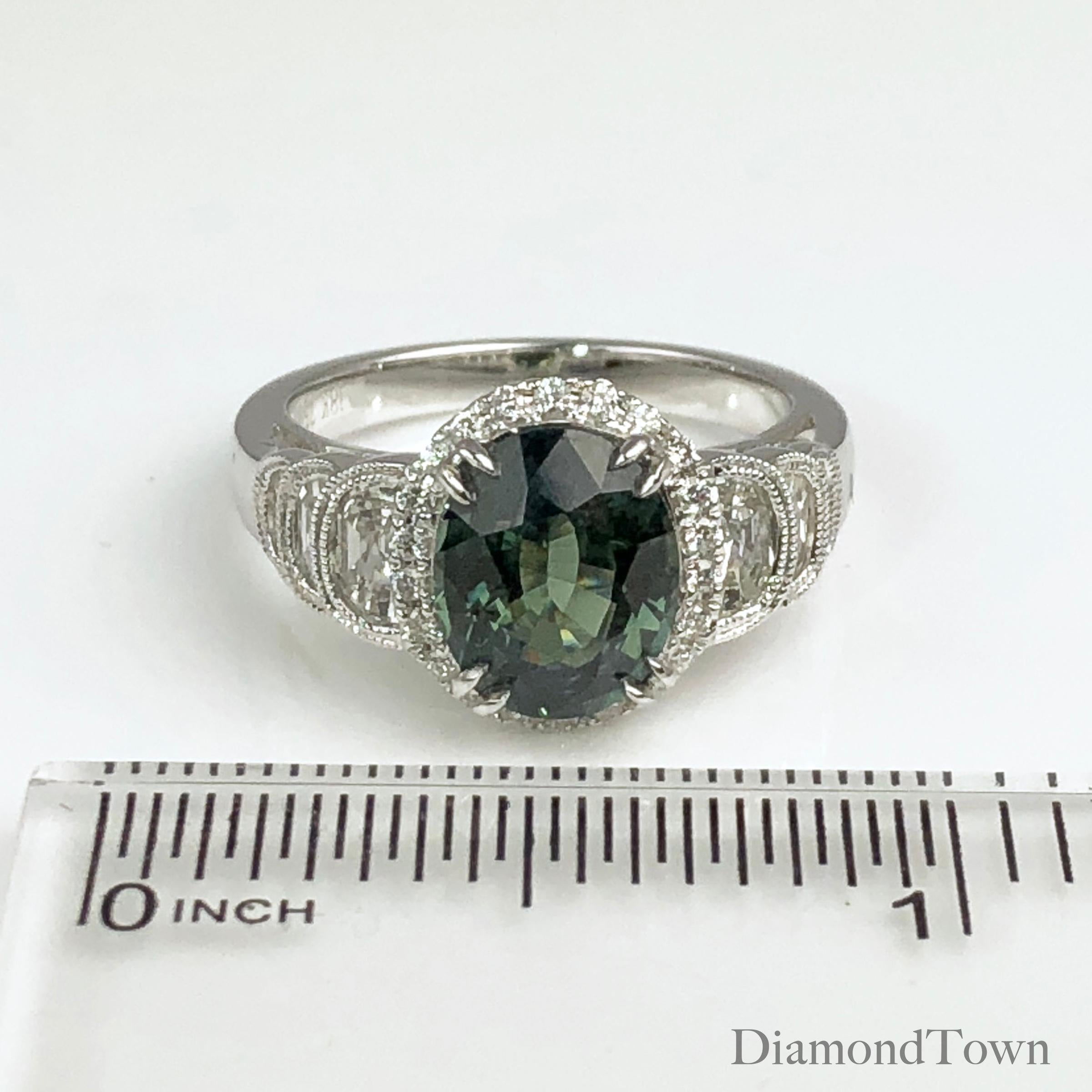 Oval Cut GIA Certified 2.86 Carat Oval Unheated Forest Green Sapphire and Diamond Ring