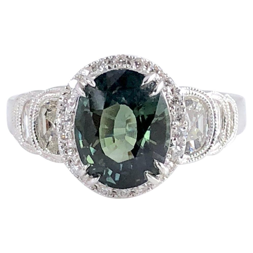 GIA Certified 2.86 Carat Oval Unheated Forest Green Sapphire and Diamond Ring