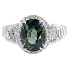 GIA Certified 2.86 Carat Oval Unheated Forest Green Sapphire and Diamond Ring GIA Certified 2.86 Carat Oval Unheated Forest Green Sapphire and Diamond Ring