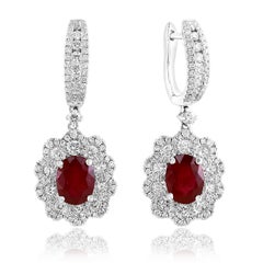2.86 Carat Oval Cut Ruby and Diamond Drop Flower Earrings in 18K White Gold