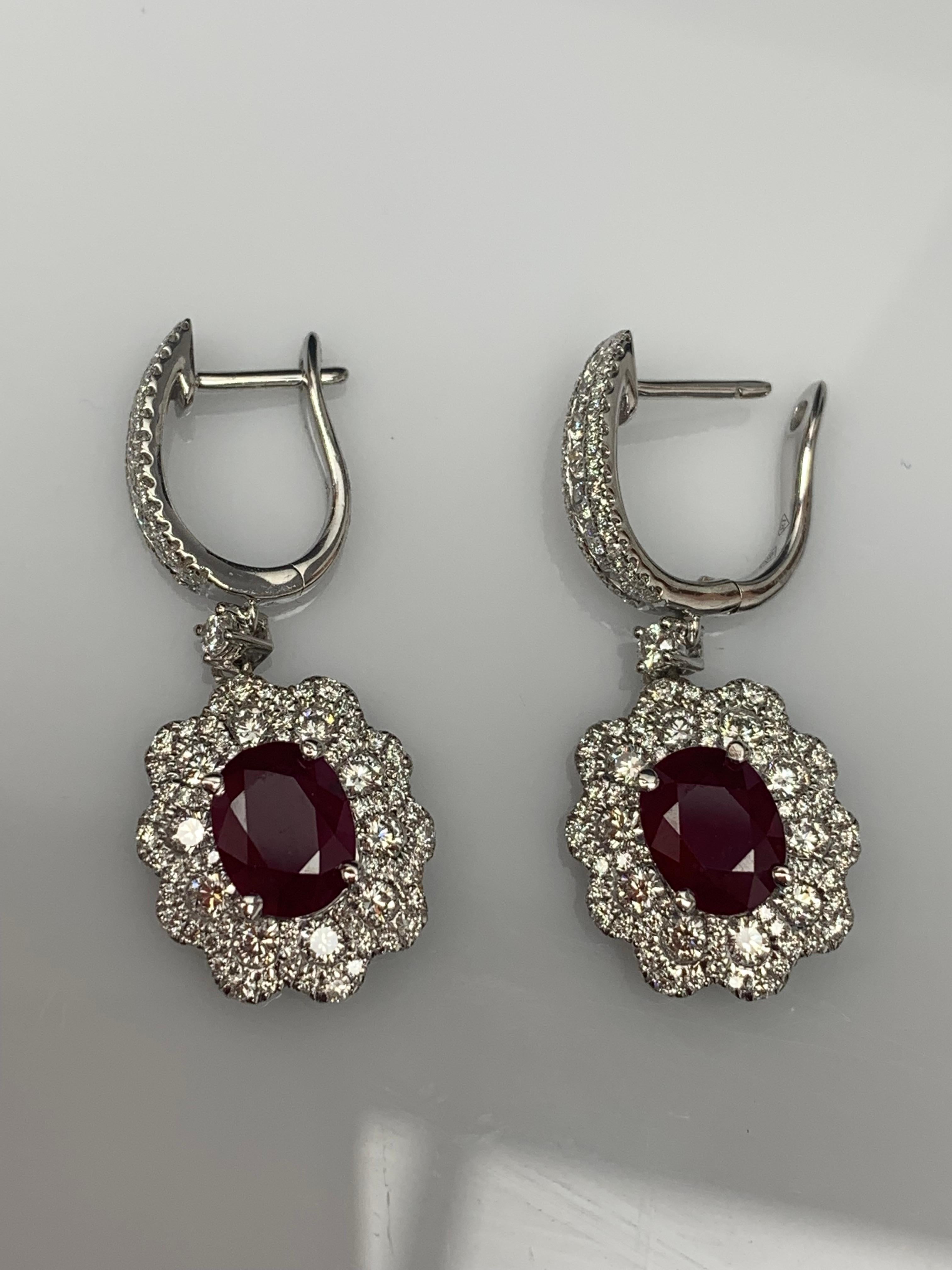 Women's 2.86 Carat Oval Cut Ruby and Diamond Drop Flower Earrings in 18K White Gold For Sale