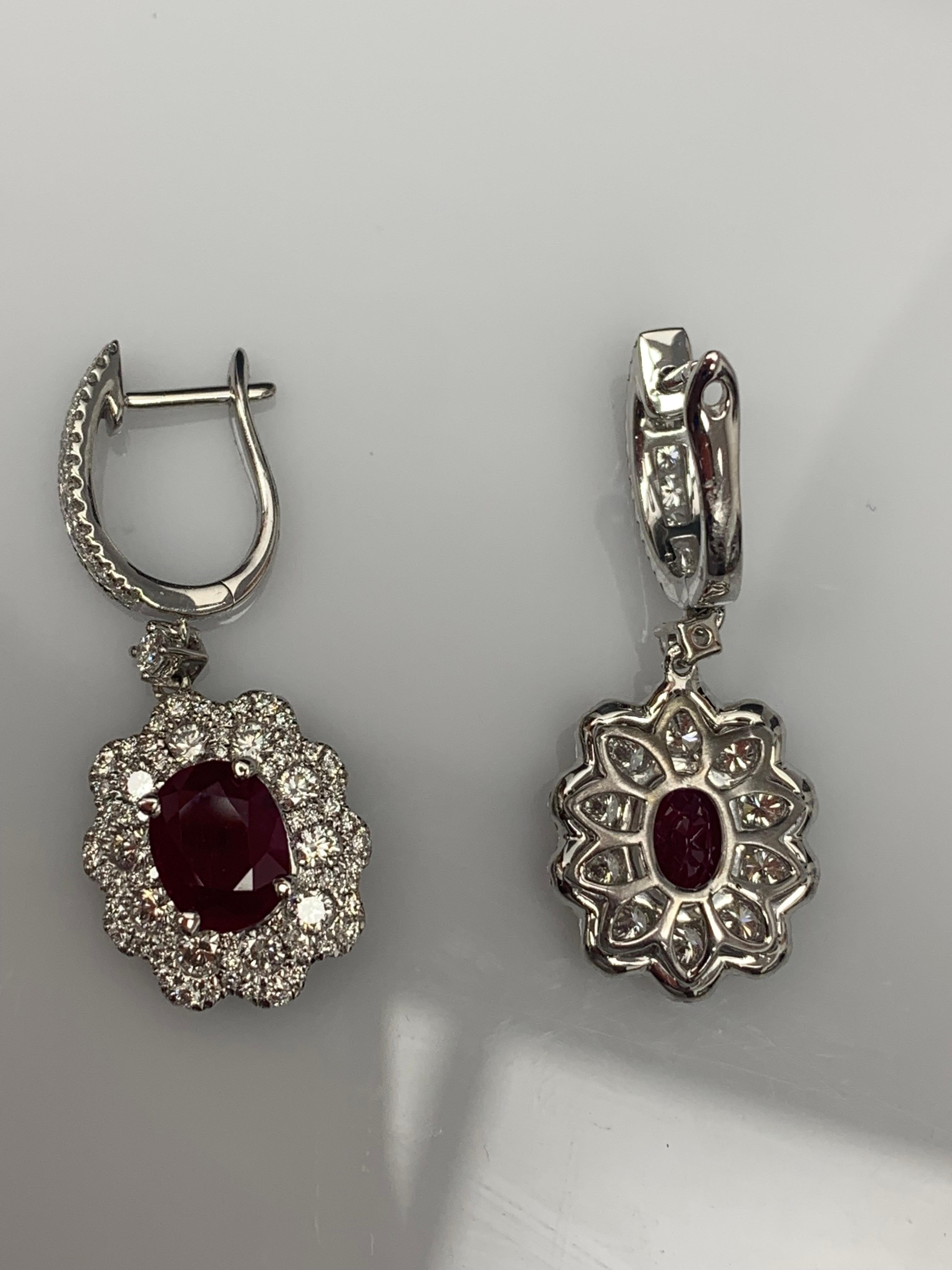 2.86 Carat Oval Cut Ruby and Diamond Drop Flower Earrings in 18K White Gold For Sale 2