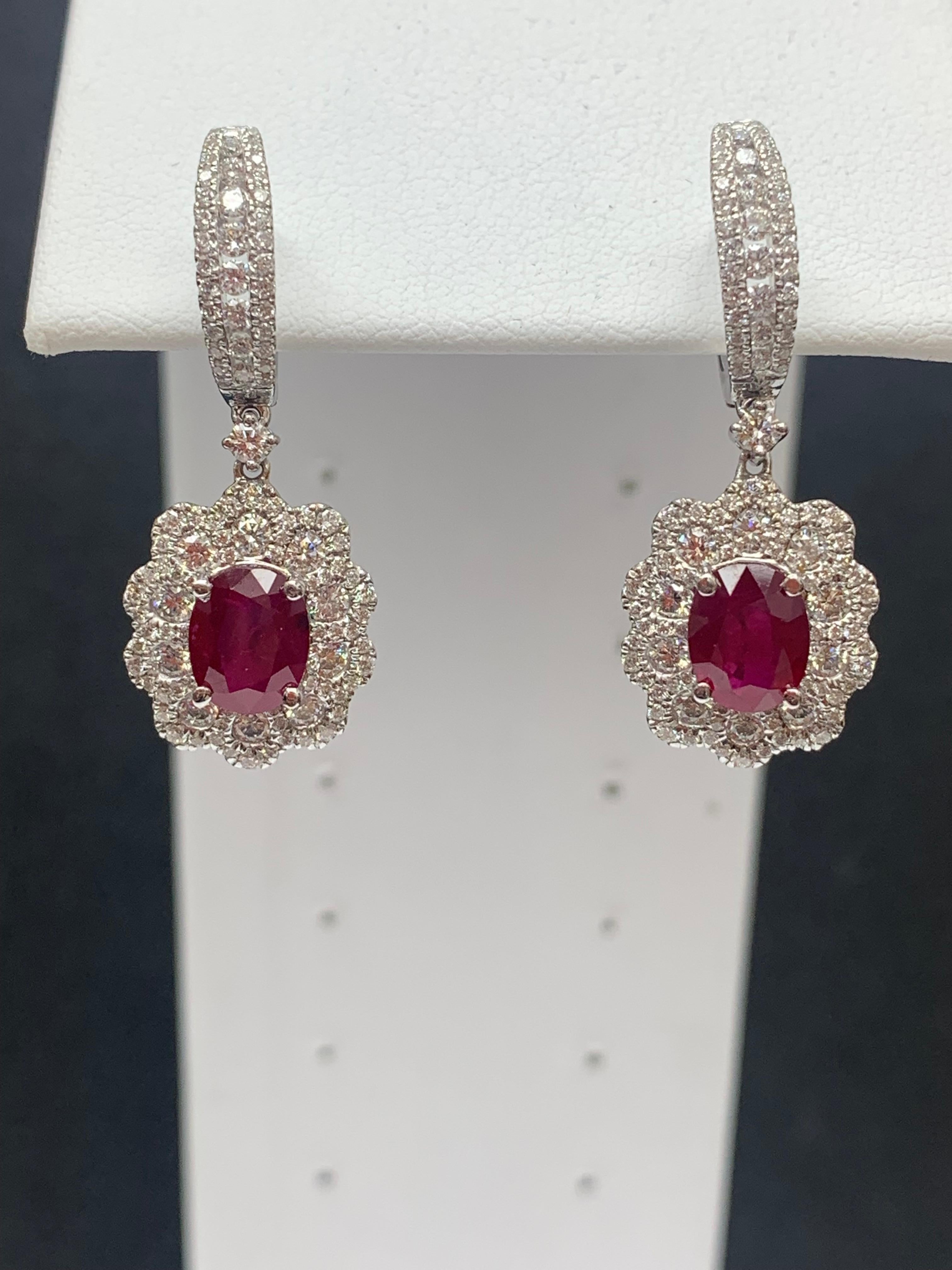 2.86 Carat Oval Cut Ruby and Diamond Drop Flower Earrings in 18K White Gold For Sale 3