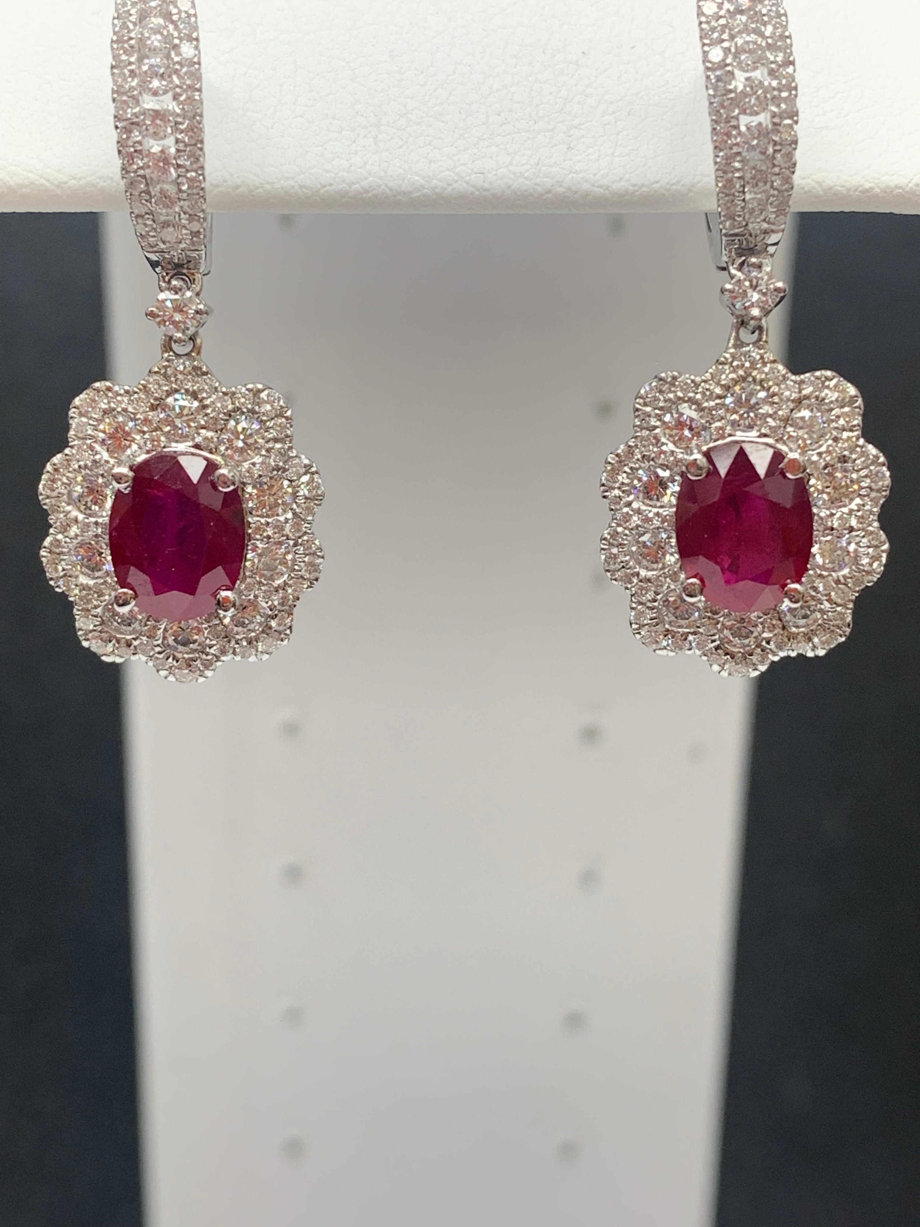 2.86 Carat Oval Cut Ruby and Diamond Drop Flower Earrings in 18K White Gold For Sale 4