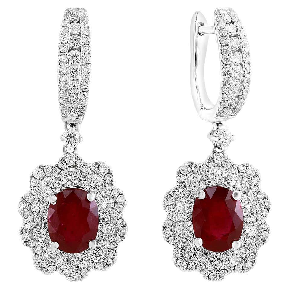 1.29 Carat of Oval Shape Ruby and Diamond Drop Earrings in 18K White ...