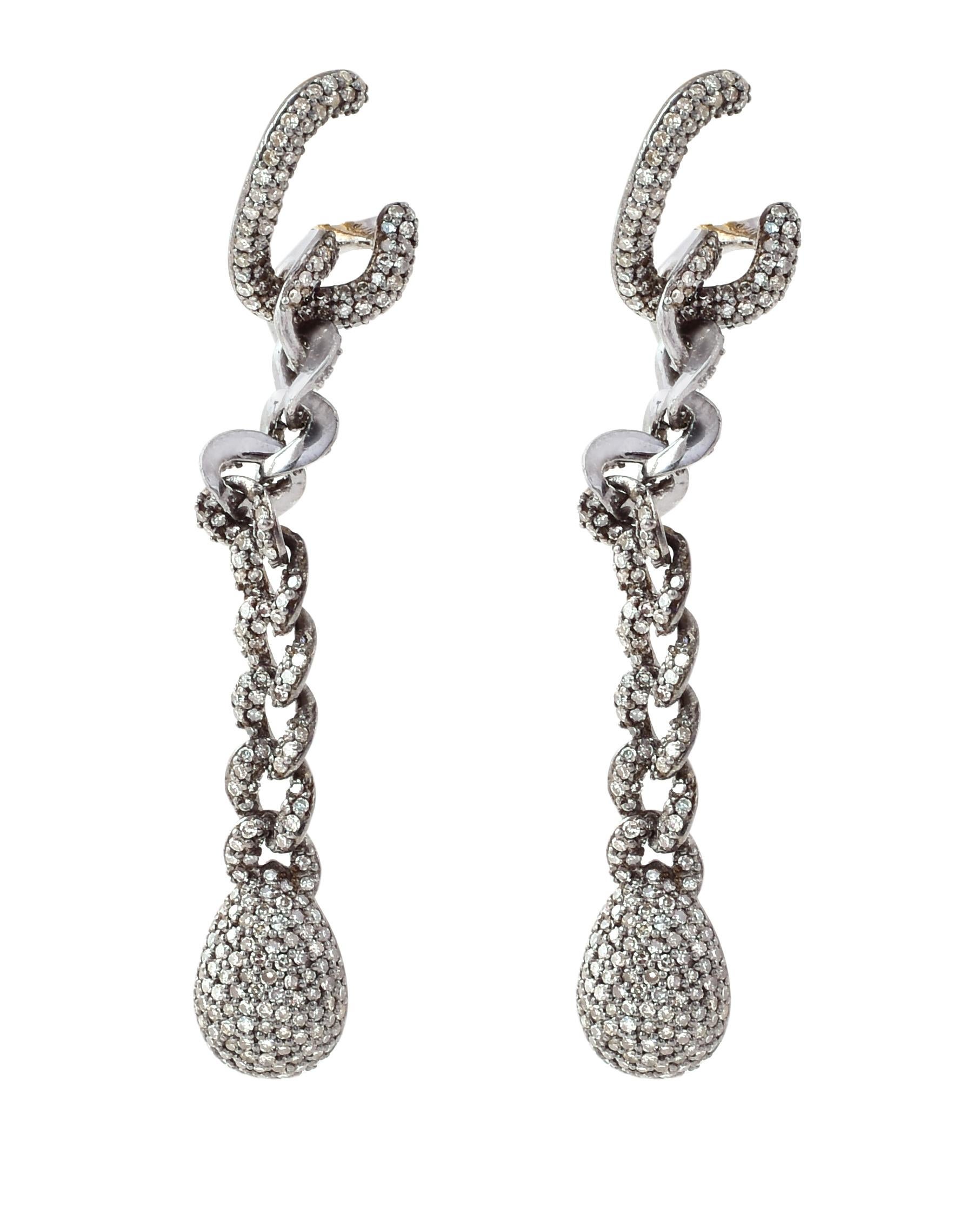 Round Cut 2.86 Carat Pave Diamond Link-Chain Drop Earrings For Sale