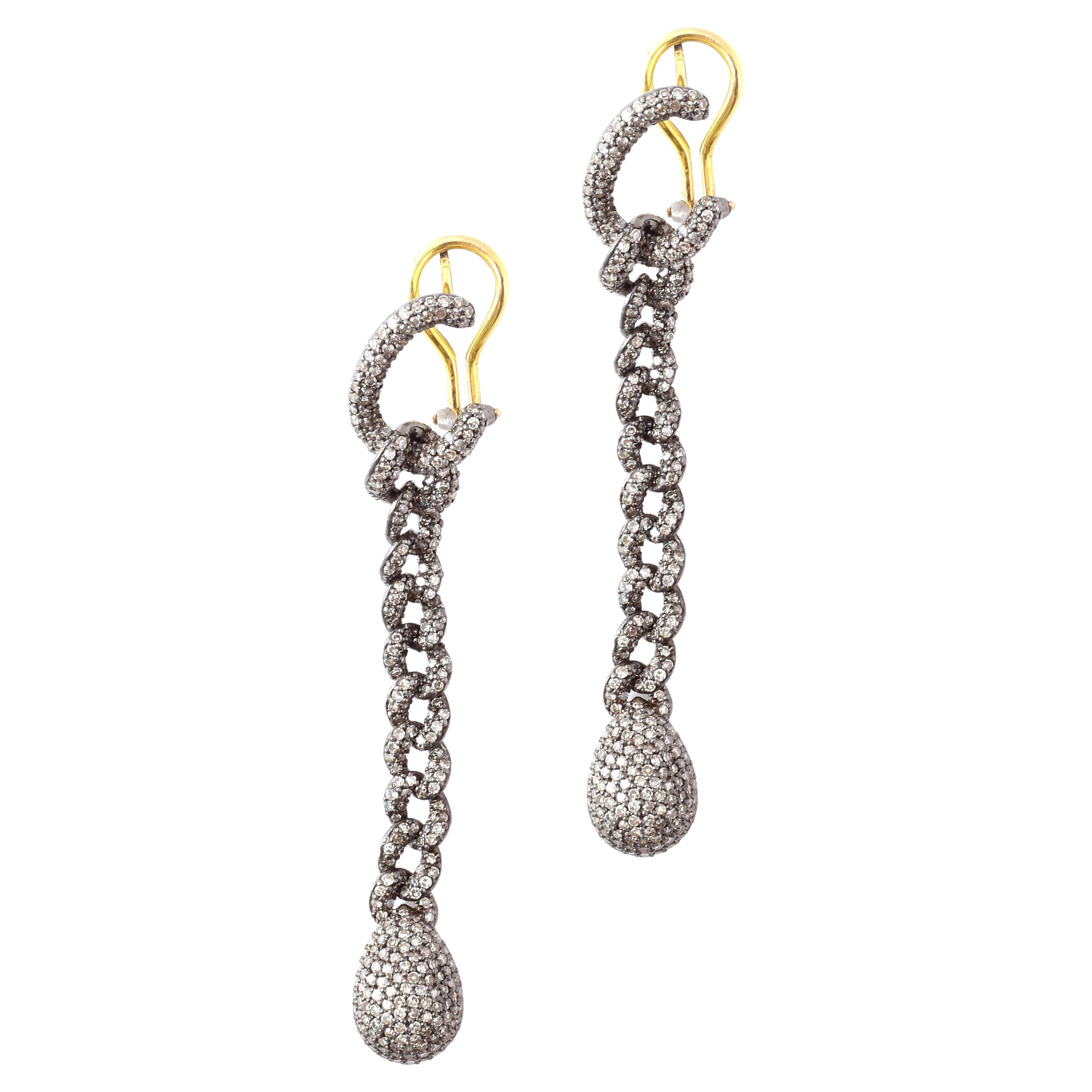 2.86 Carat Pave Diamond Link-Chain Drop Earrings For Sale