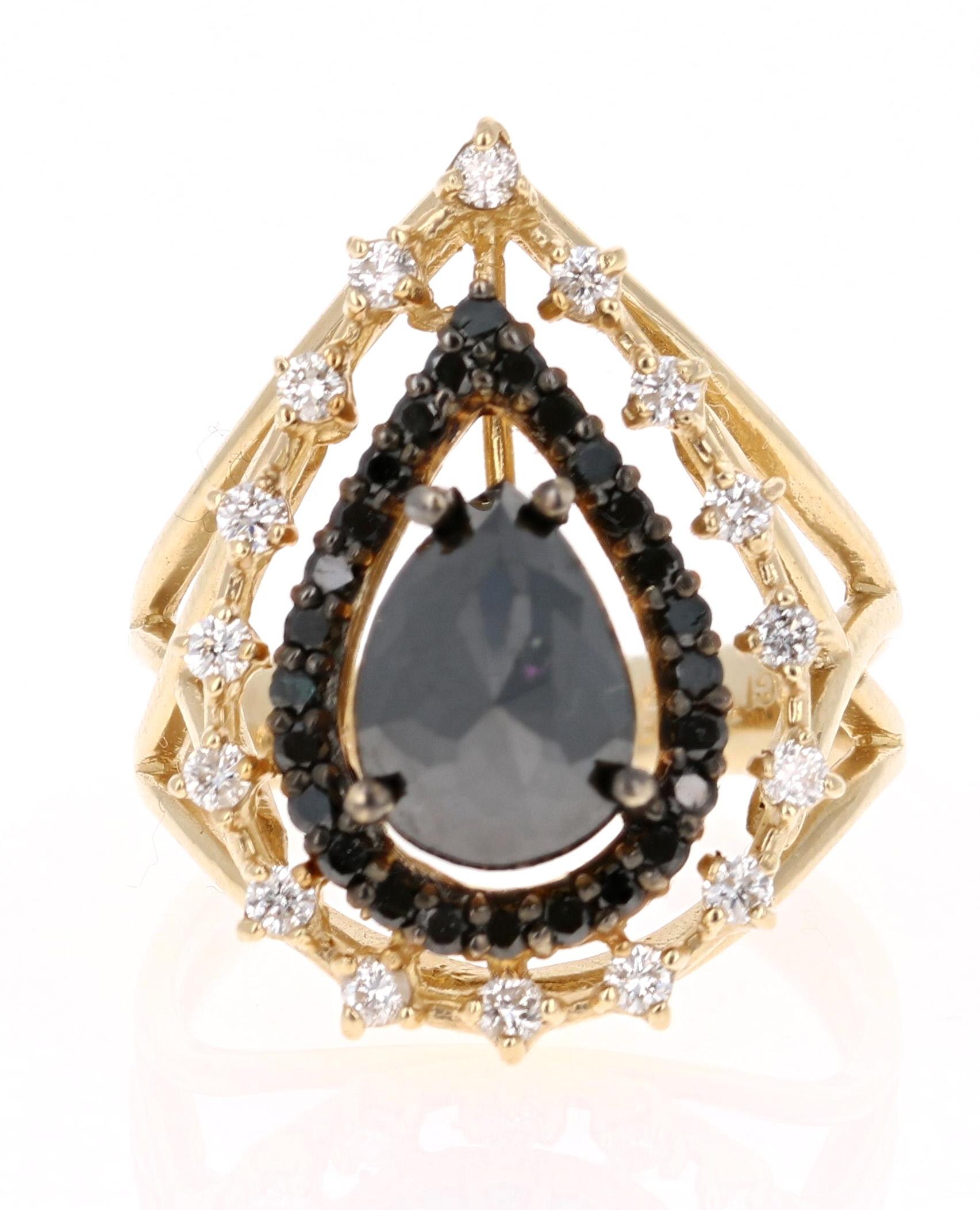 2.86 Carat Pear Cut Black Diamond Yellow Gold Cocktail Ring!

Stunning Victorian Inspired Cocktail Ring. There is a 2.19 Carat Pear Cut Black Diamond set in the center of the ring. The Pear Cut Black Diamond is surrounded by 26 Round Cut Black