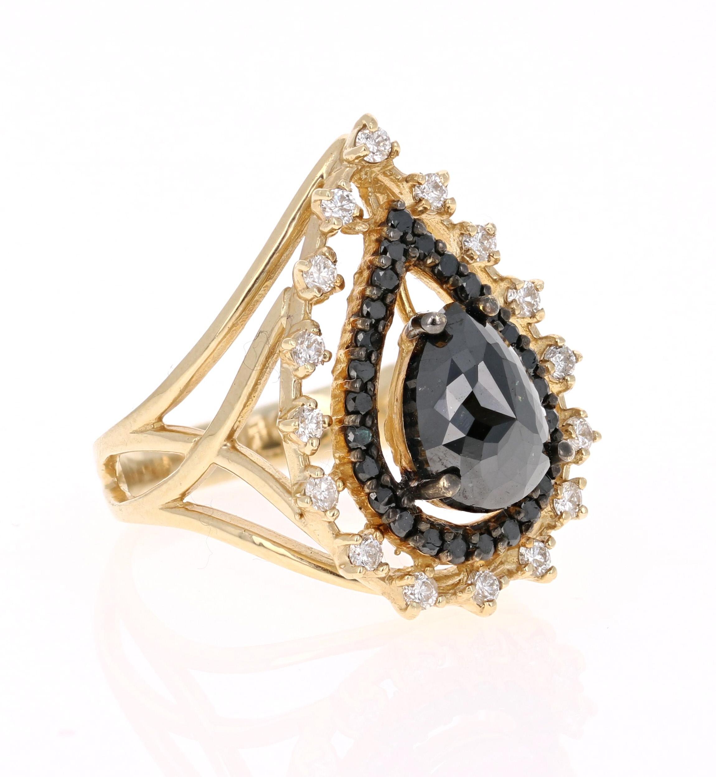 Victorian 2.86 Carat Pear Cut Black Diamond Yellow Gold Cocktail Ring