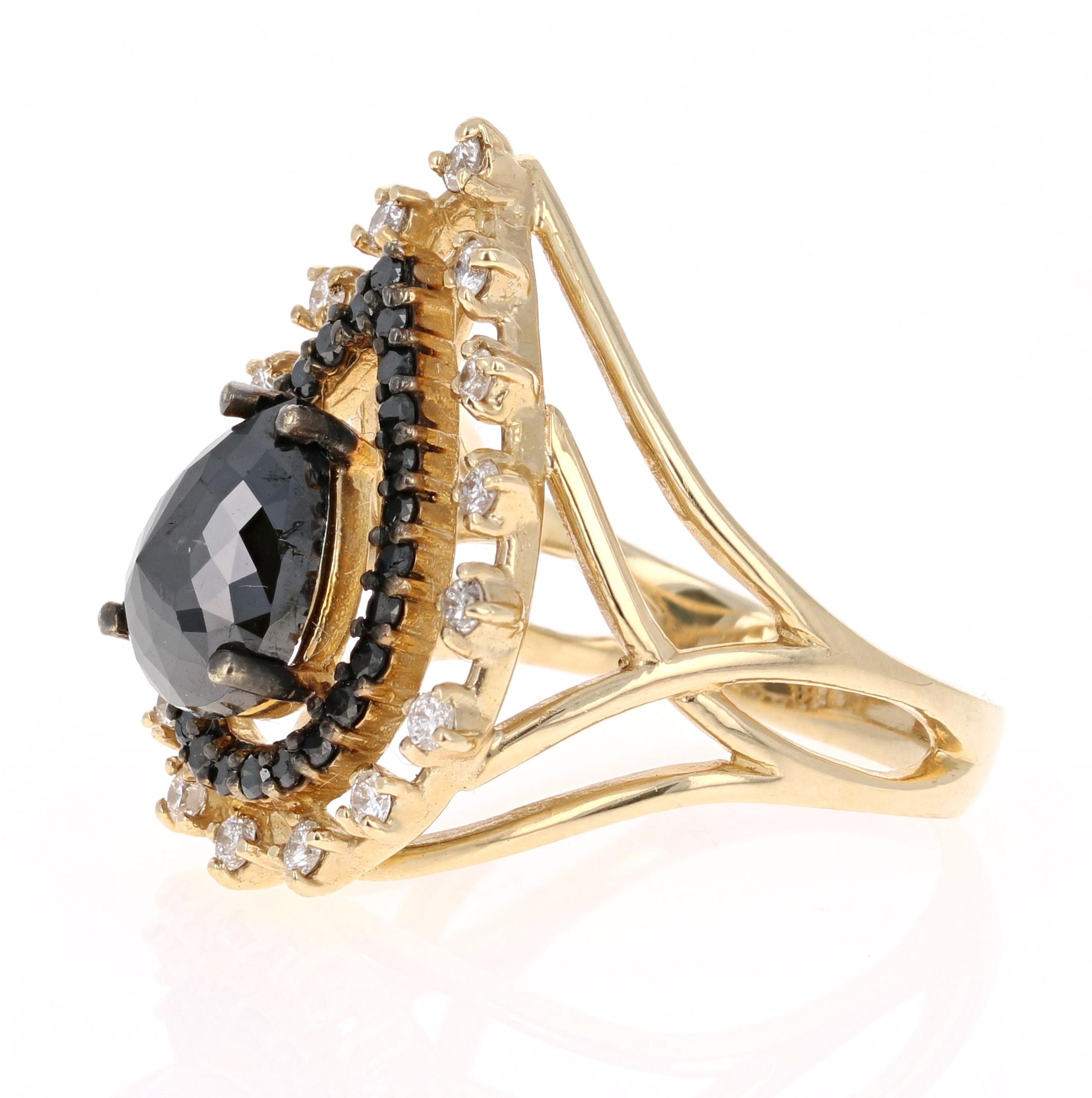 2.86 Carat Pear Cut Black Diamond Yellow Gold Cocktail Ring In New Condition In Los Angeles, CA