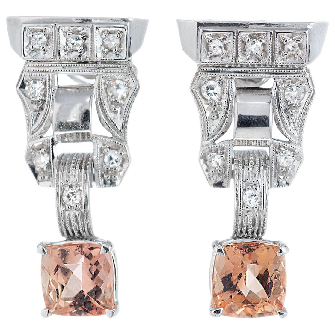 2.86 Carat Pink Orange Precious Topaz Diamond Gold Dangle Earrings For Sale
