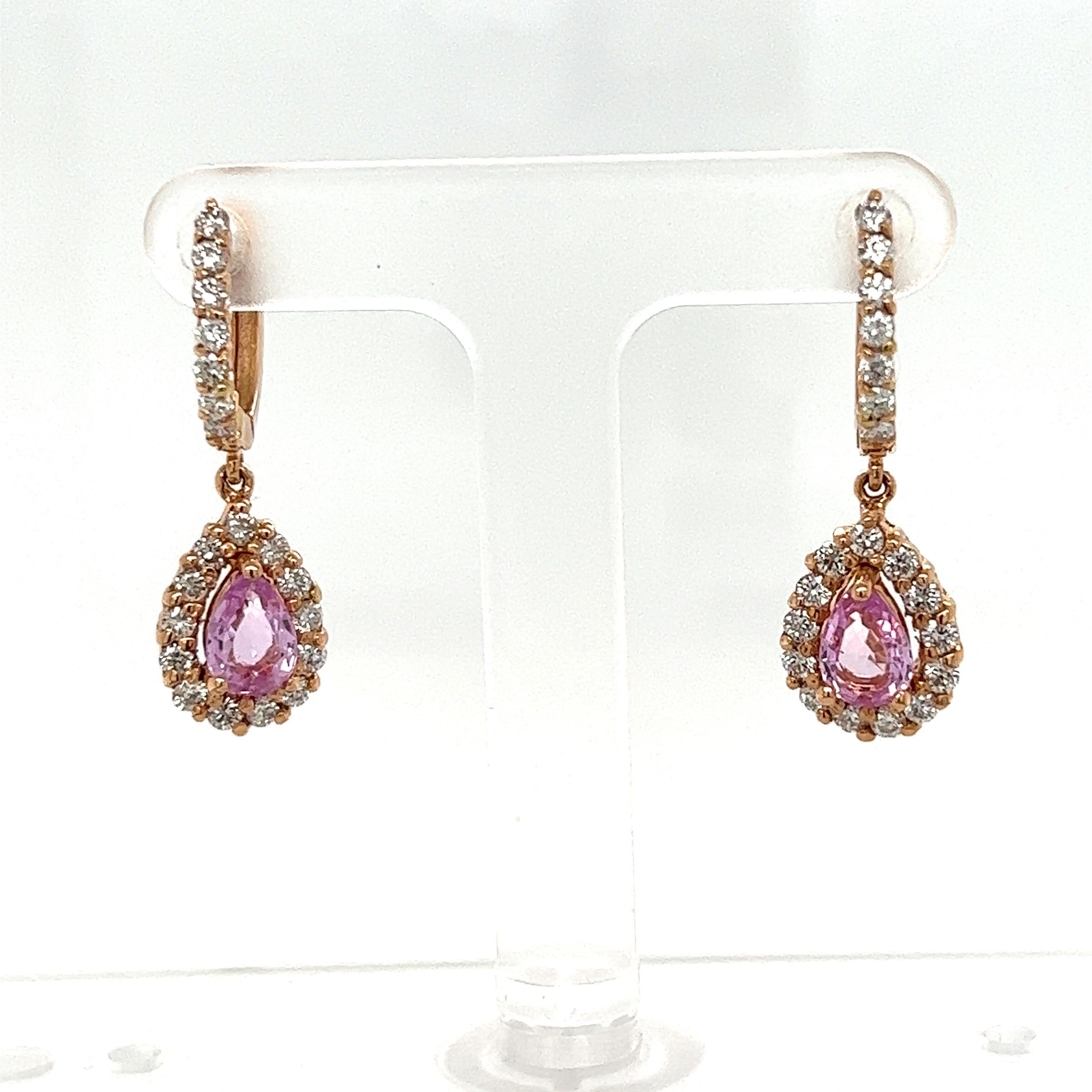 Contemporary 2.86 Carat Pink Sapphire Diamond Rose Gold Drop Earrings For Sale