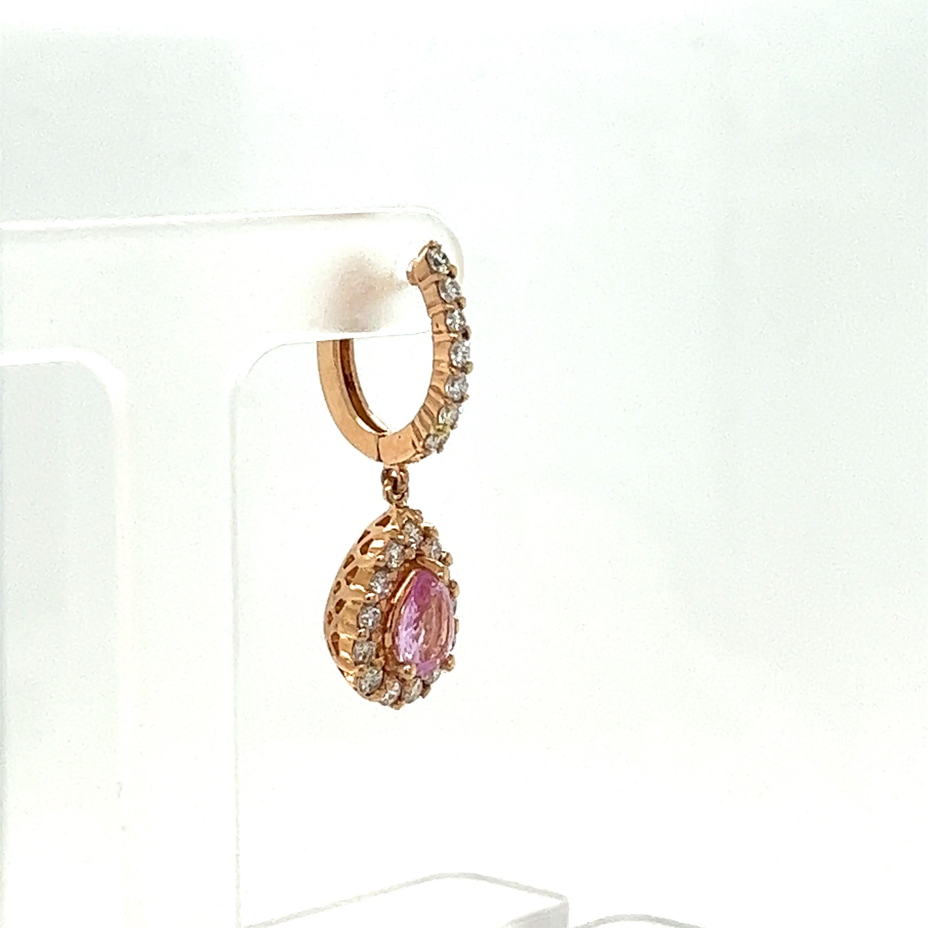 Pear Cut 2.86 Carat Pink Sapphire Diamond Rose Gold Drop Earrings For Sale