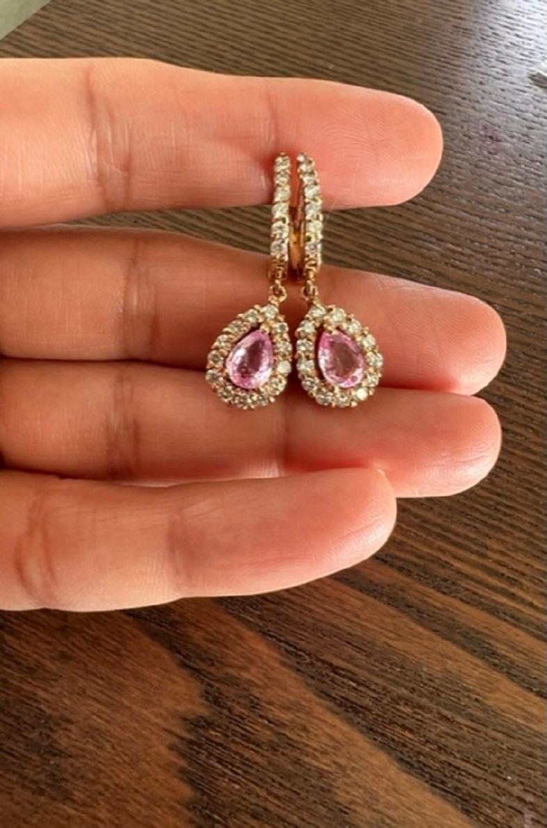 Women's 2.86 Carat Pink Sapphire Diamond Rose Gold Drop Earrings For Sale