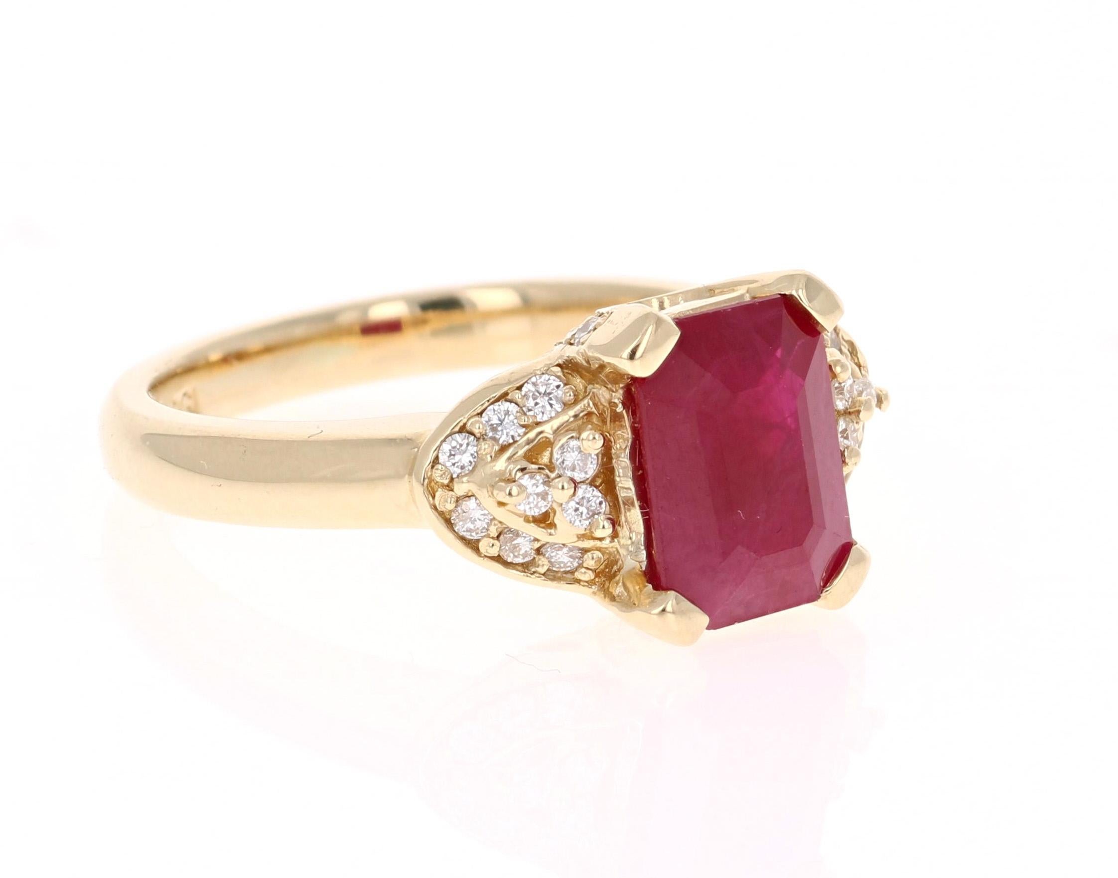 This elegant and dainty Ruby & Diamond Ring can be a modern Engagement/Promise ring. It has a Emerald Cut Ruby that is 2.55 carats with a cluster of 32 Round Cut Diamonds weighing 0.31 carats. The total carat weight of the ring is 2.86 Carats. It is