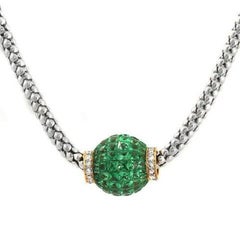 2.86 Natural Tsavorite Bead 0.18 Carat Diamonds 14 Karat Gold Chain Necklace