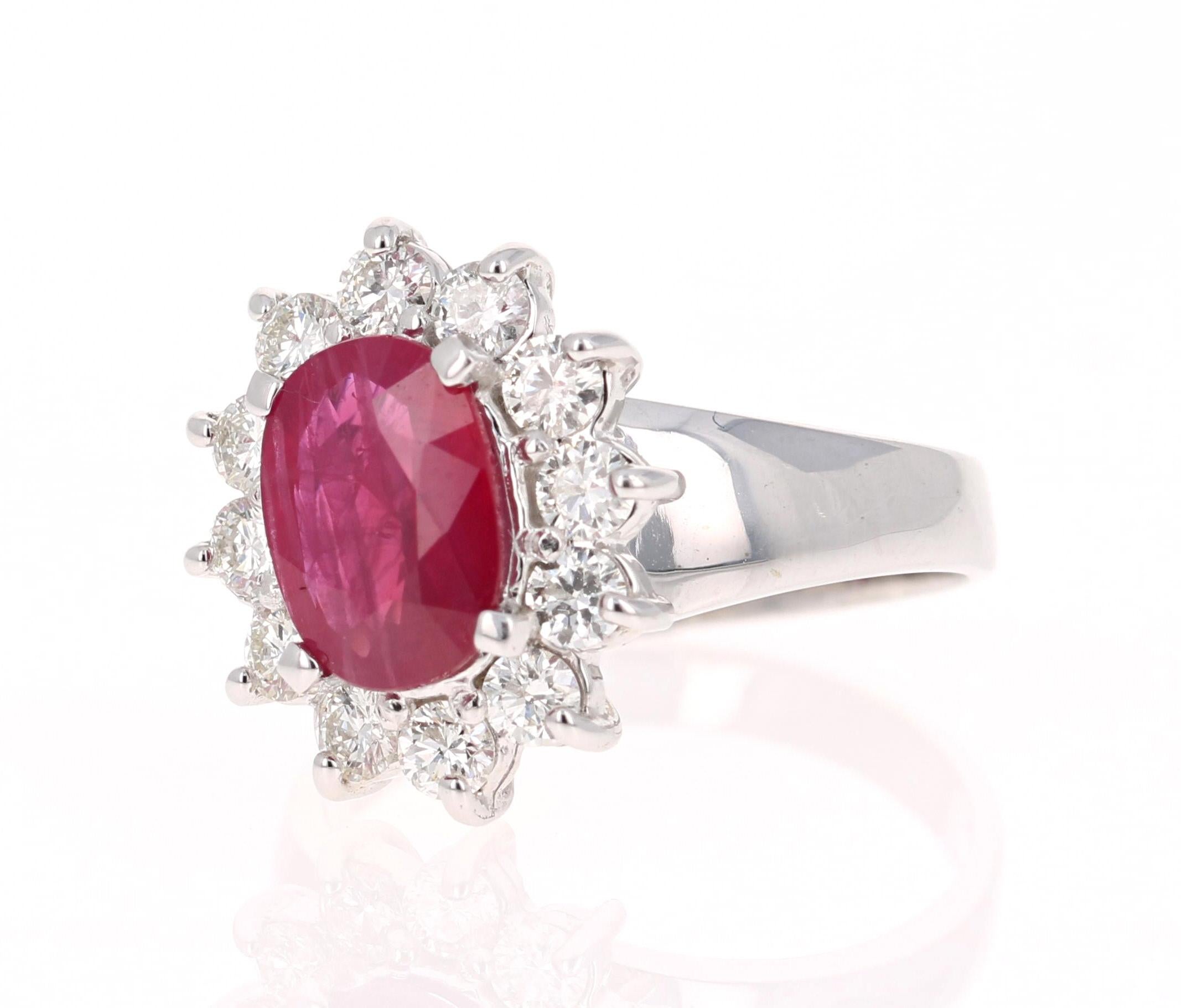 2.86 Oval Cut Ruby Diamond 14 Karat White Gold Ballerina Ring In New Condition In Los Angeles, CA