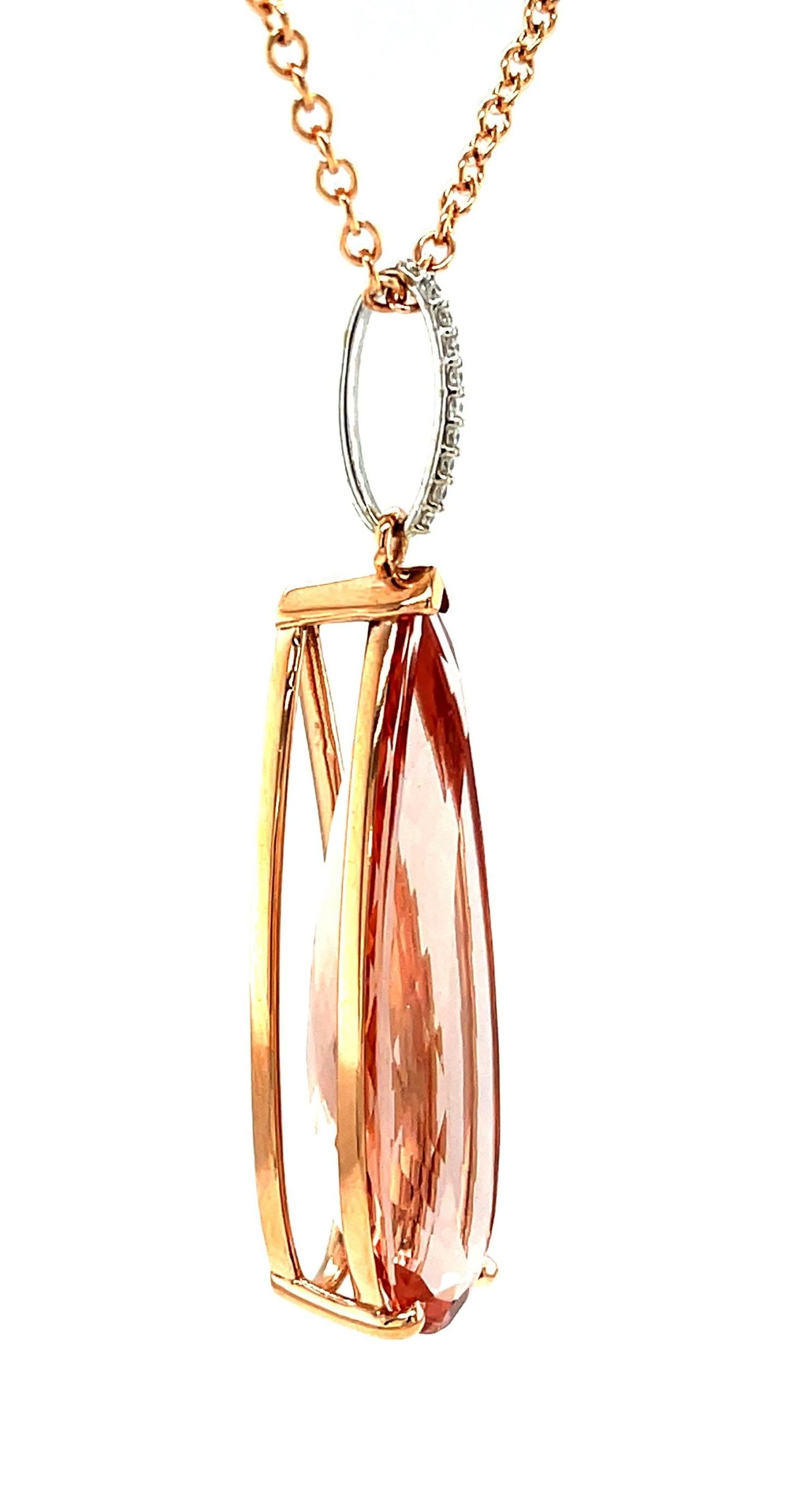 Artisan Morganite and Diamond Pendant Necklace, 28.63 Carats in Rose and White Gold  For Sale