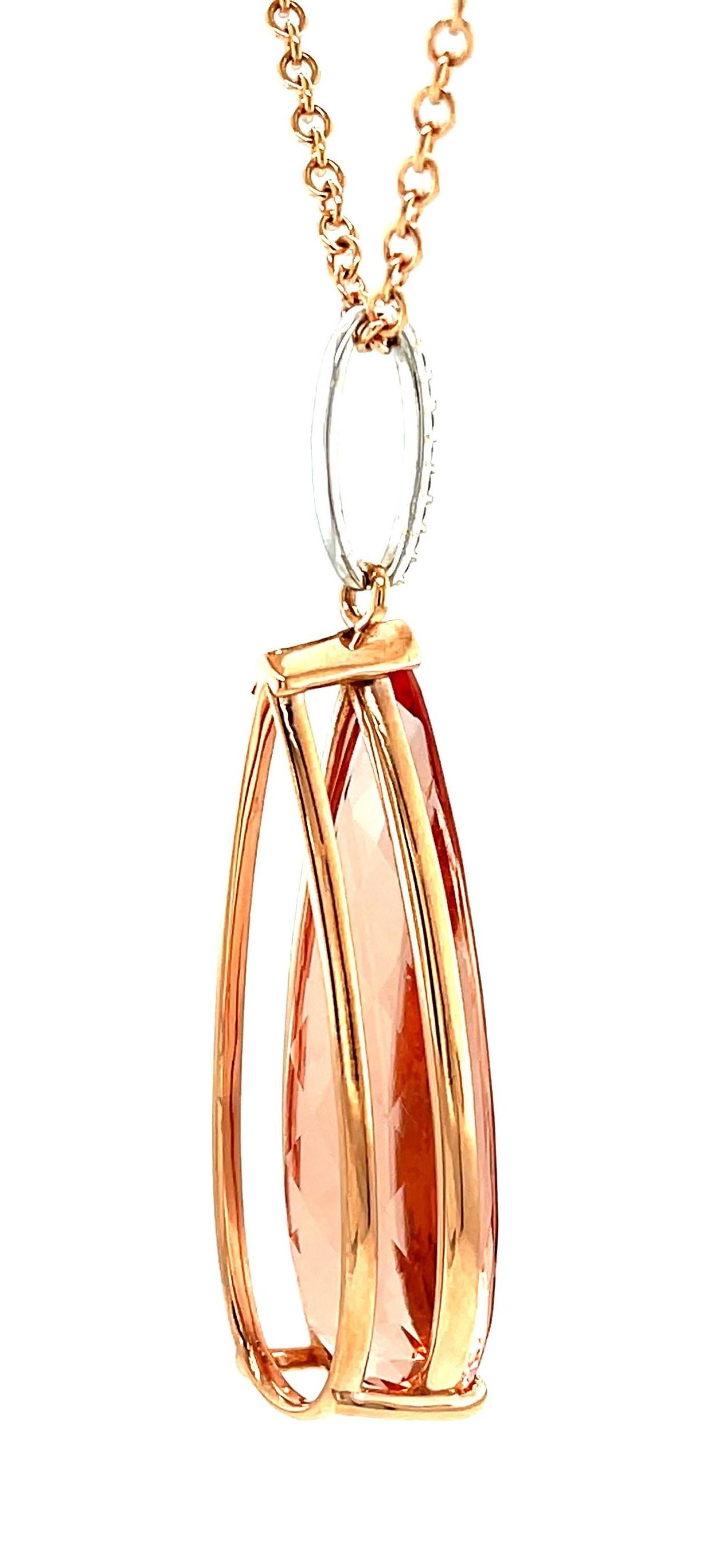 Pear Cut Morganite and Diamond Pendant Necklace, 28.63 Carats in Rose and White Gold  For Sale