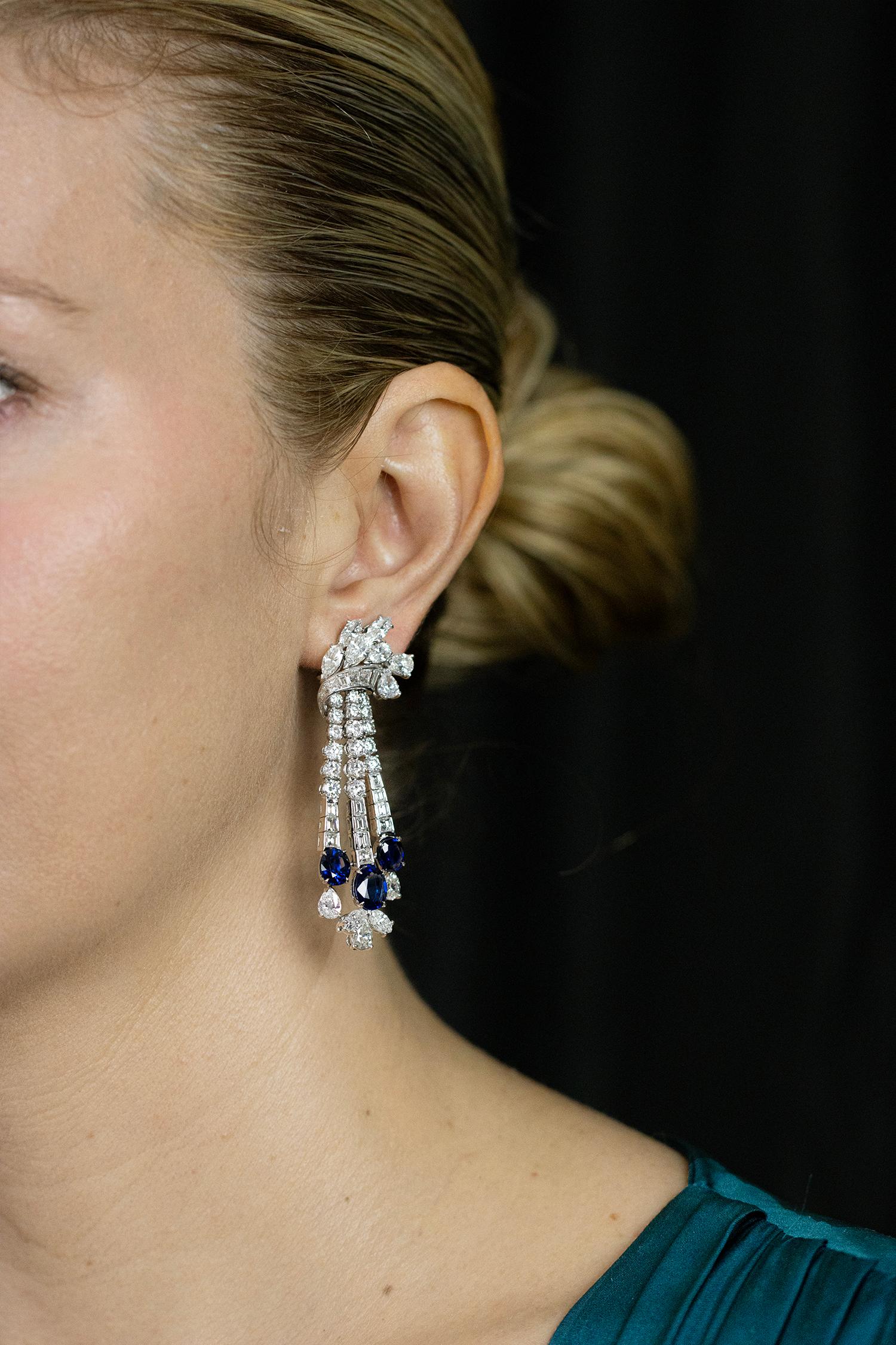 Contemporary 28.63 Carat Total Important Sapphire & Mixed-Cut Diamond Dangle Earrings For Sale